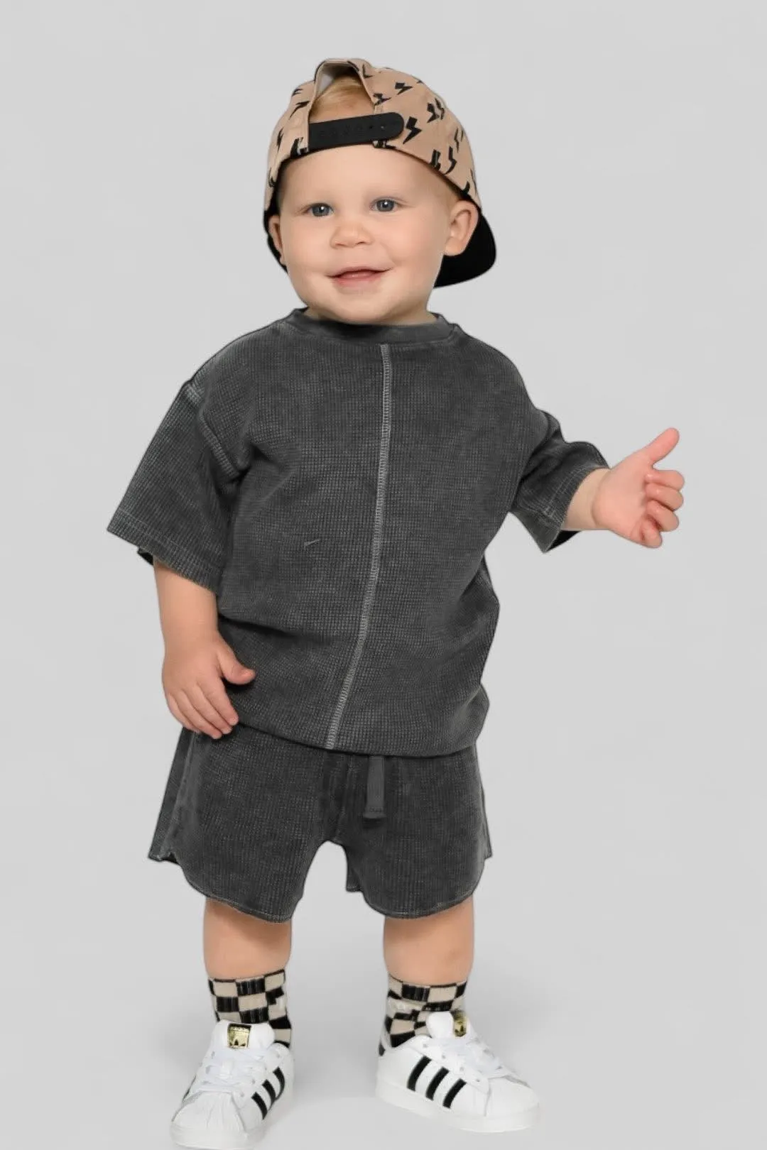 Acid Wash Waffle Short - Black,Kids