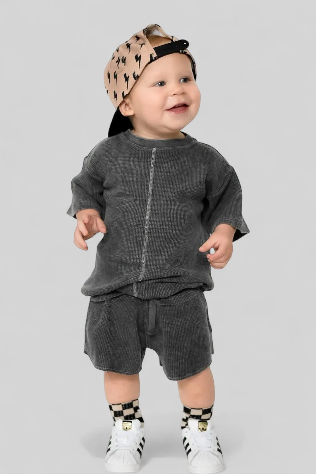 Acid Wash Waffle Short - Black,Kids