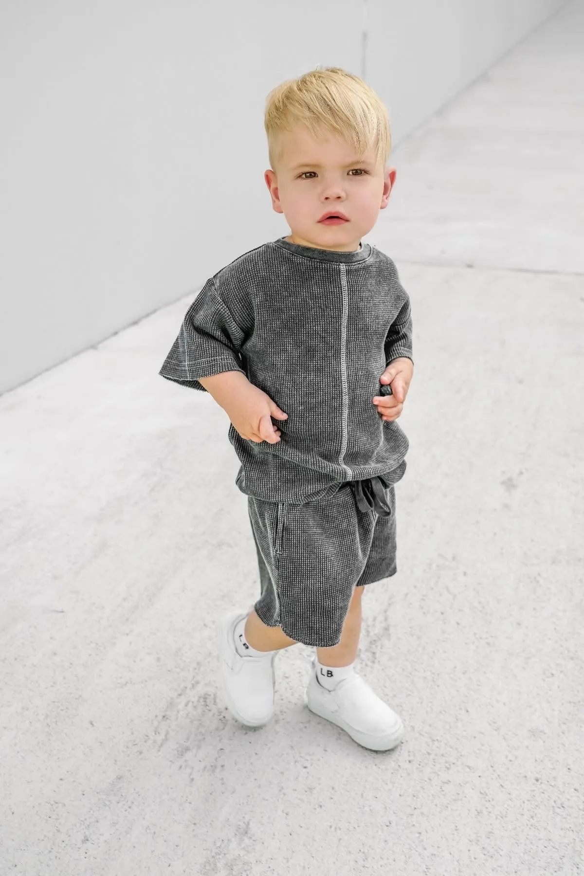 Acid Wash Waffle Short - Black,Kids