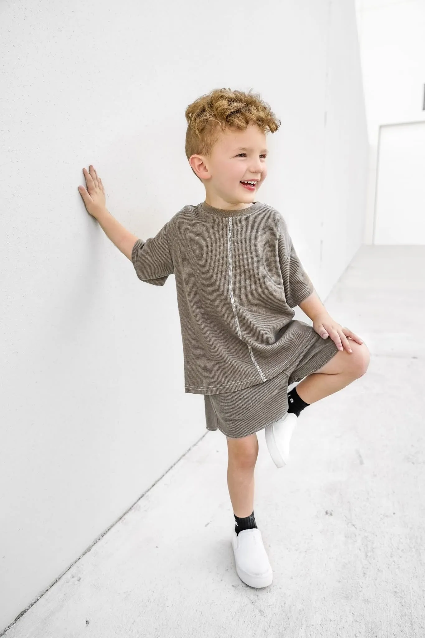 Acid Wash Waffle Short - Mushroom,Kids
