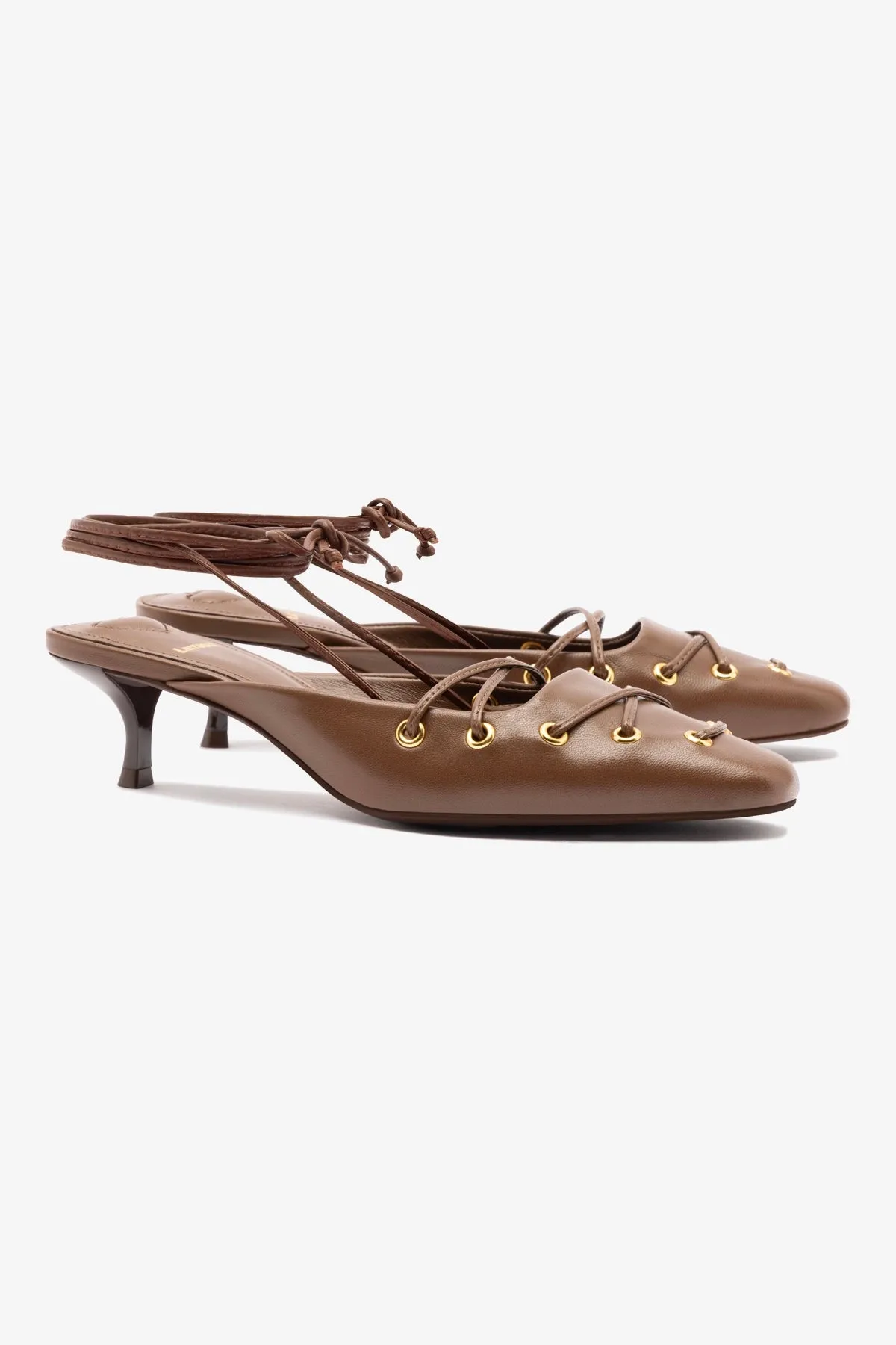 Amal Lace Up Pump In Burnt Umber Leather,Women Heel