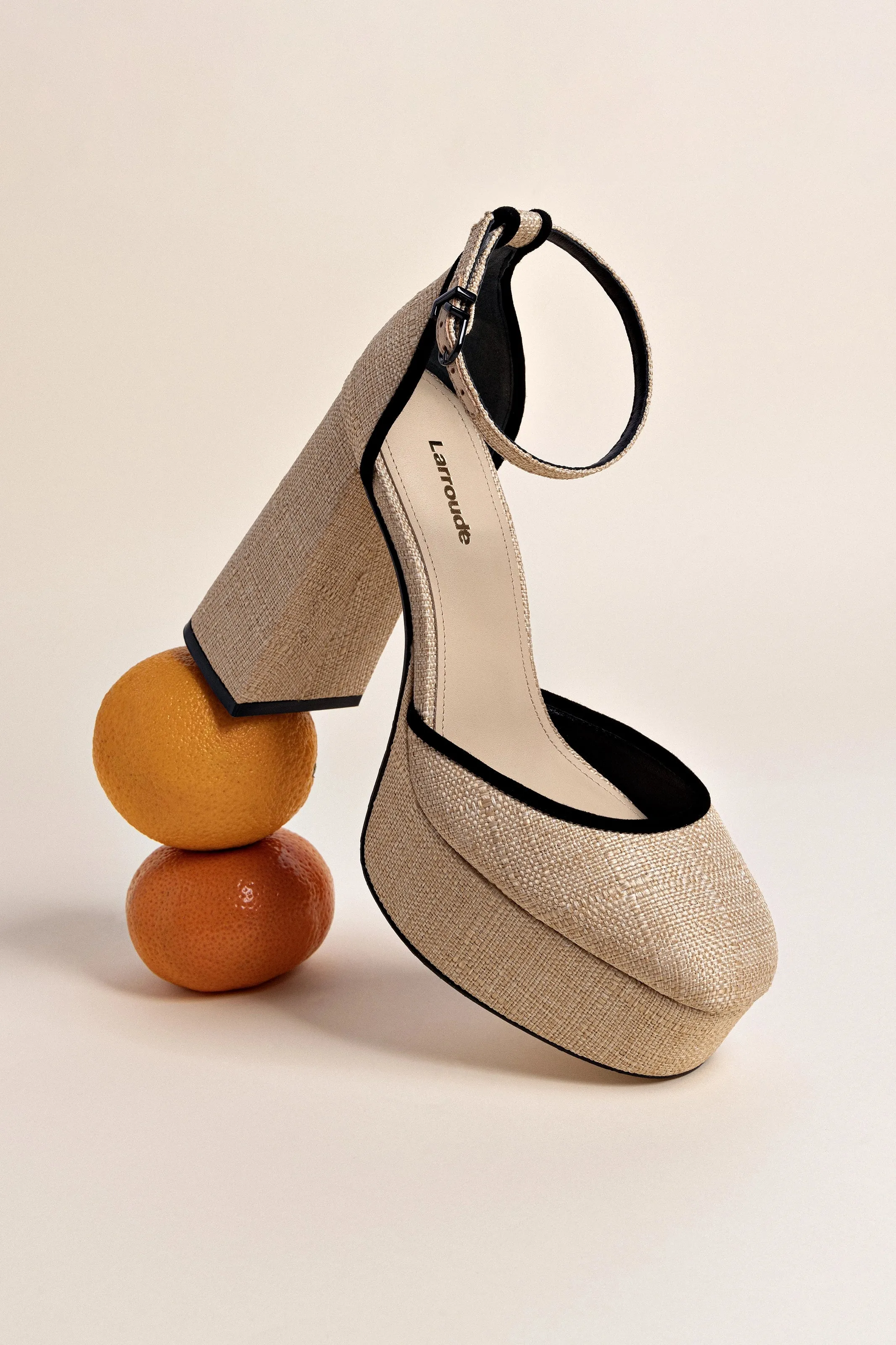 Ari Pump In Beige Raffia and Black Trimming,Women Heel