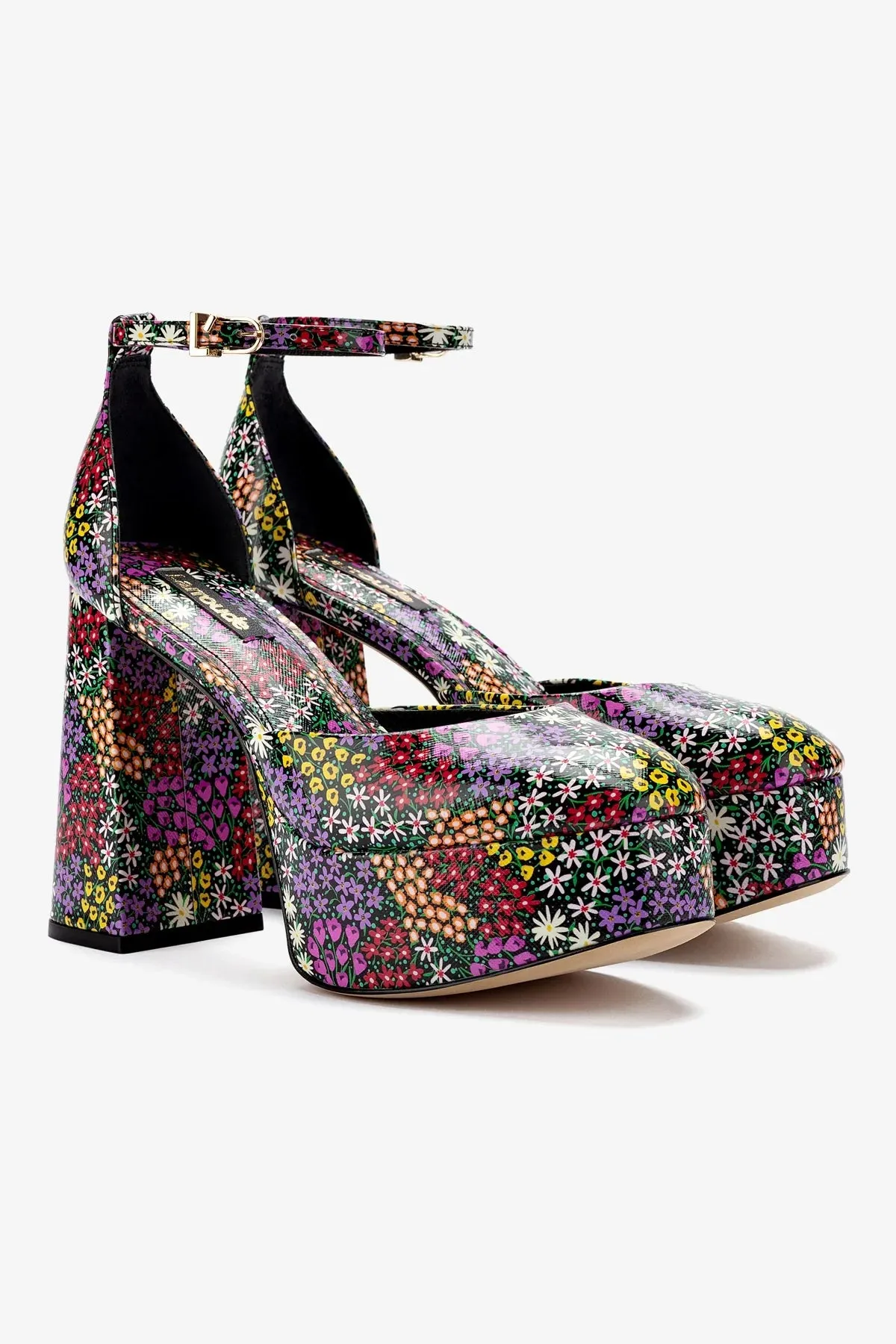 Ari Pump In Black Mixed Flowers Print Saffiano Patent Leather,Women Heel