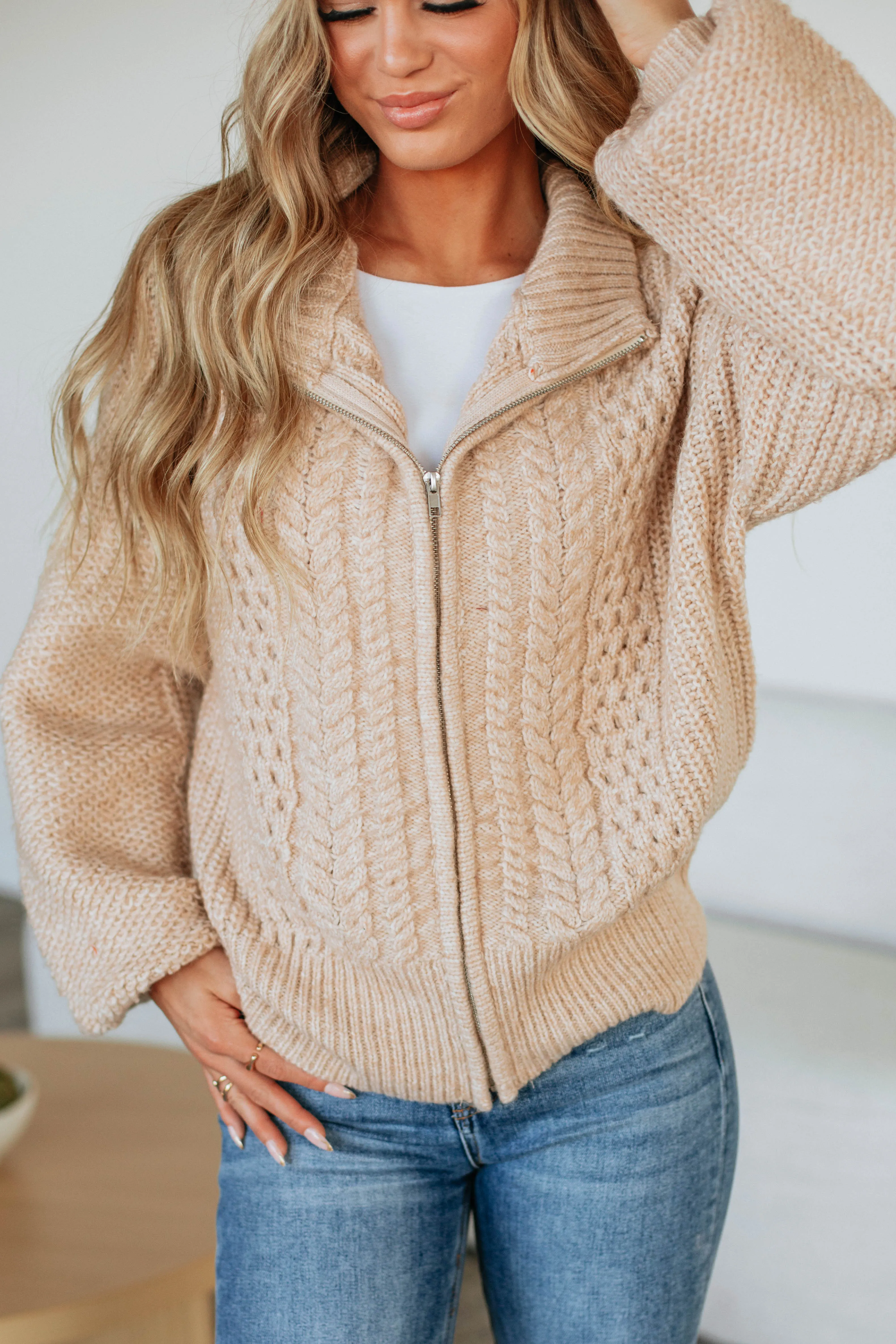 Chivonne Cable Knit Zip-Up,Women Sweater