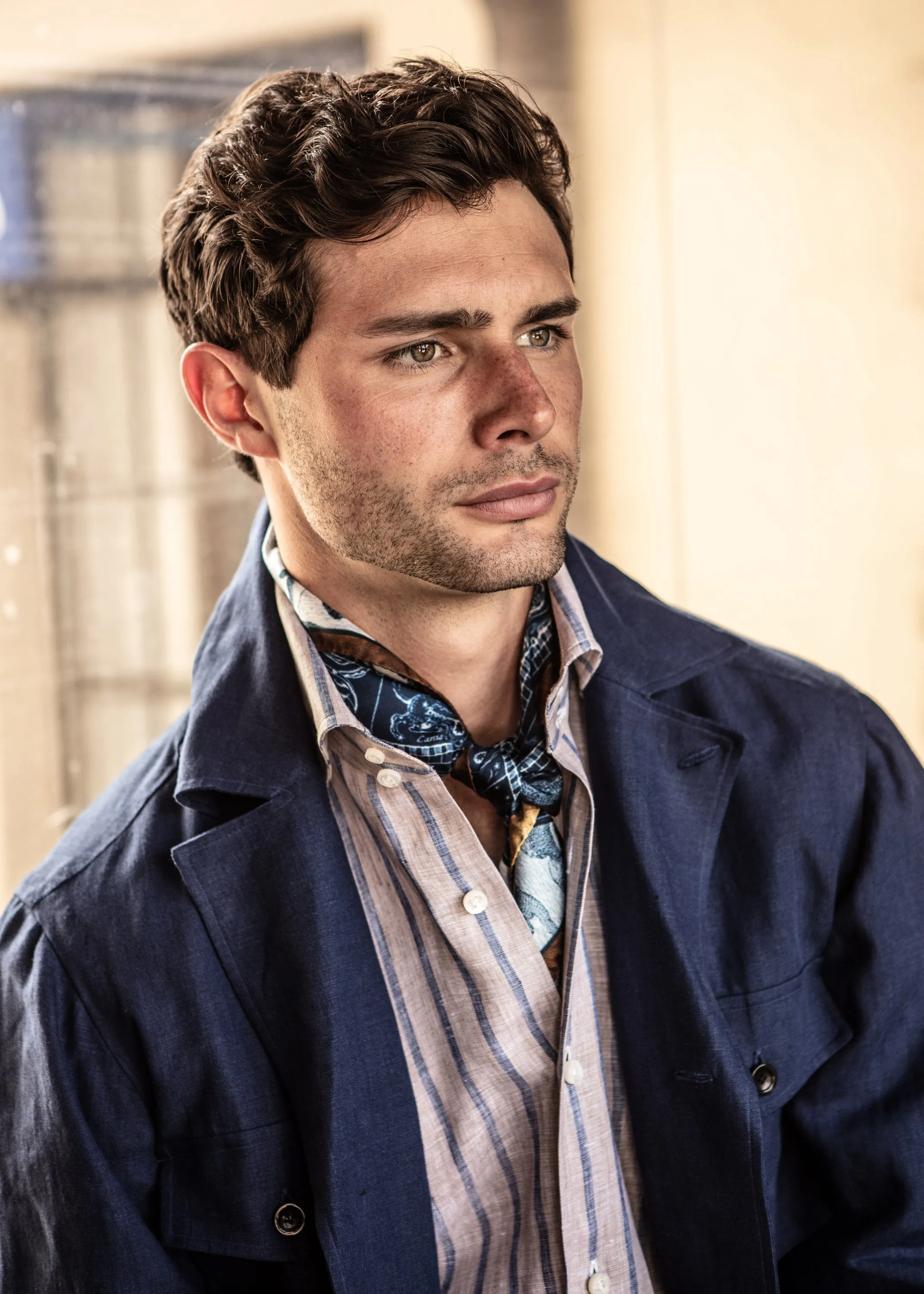 Classic Shirt in Tan With Blue Awning Stripe,Men