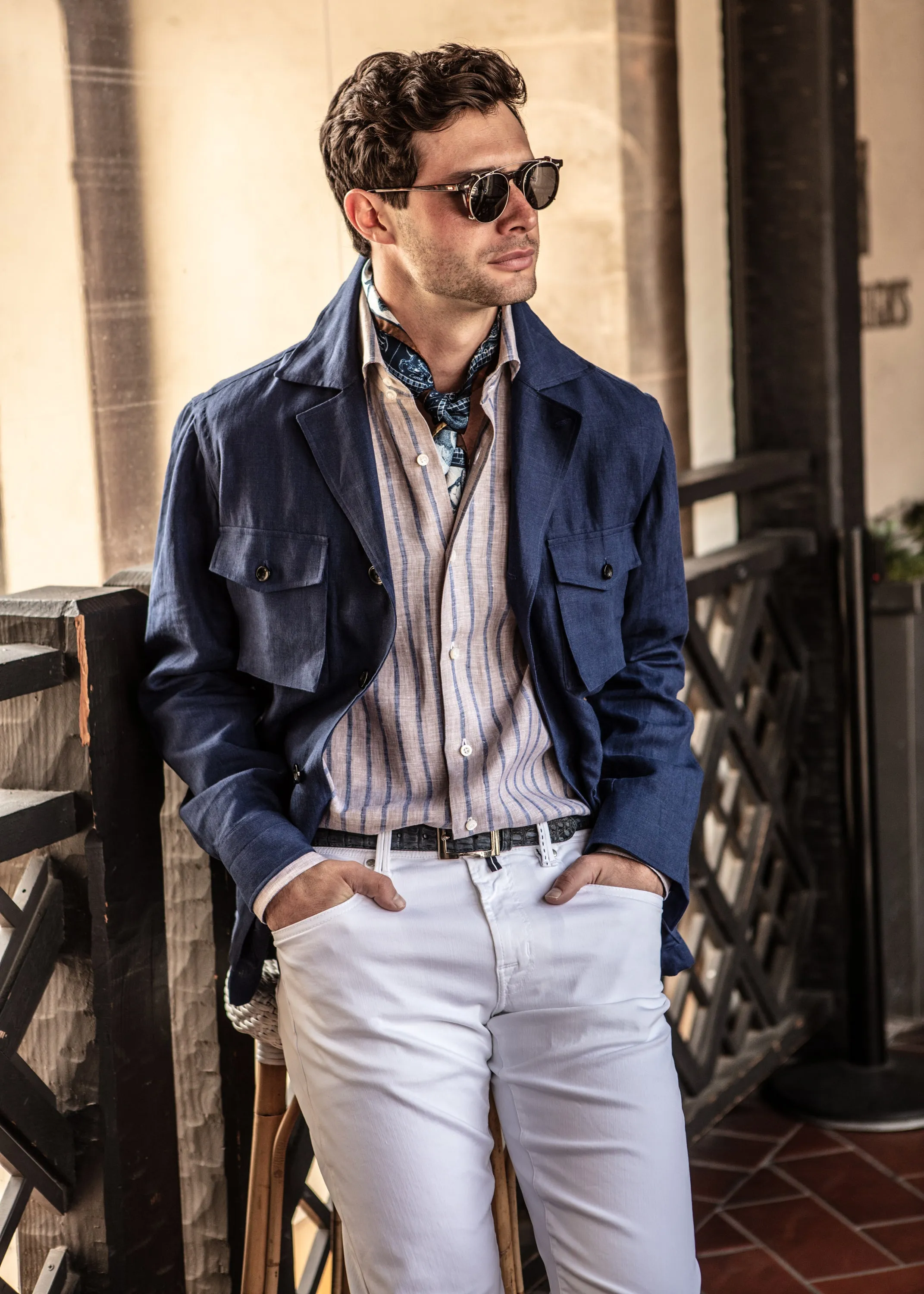 Classic Shirt in Tan With Blue Awning Stripe,Men