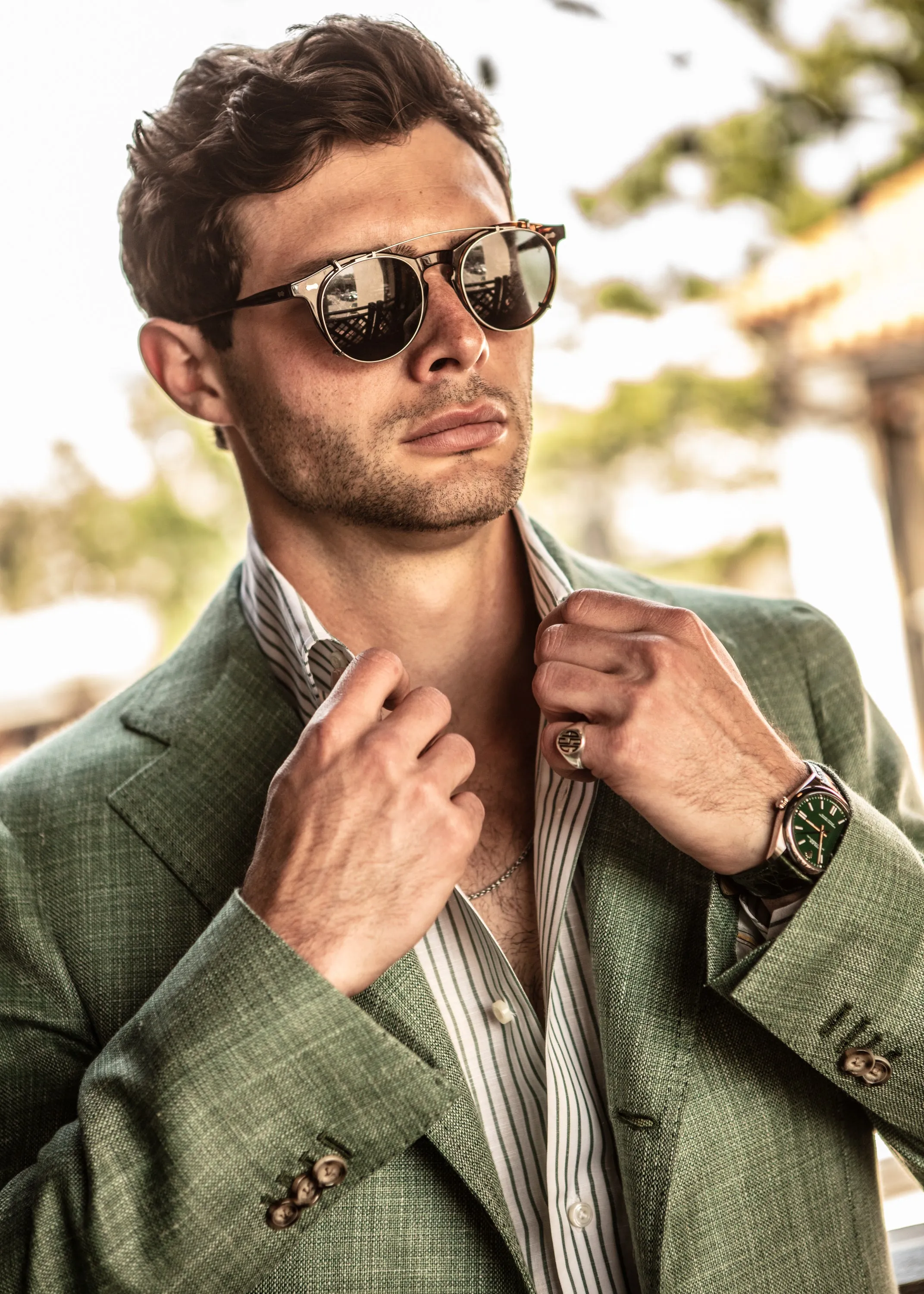 Classic Shirt in White w/Sage Stripes,Men