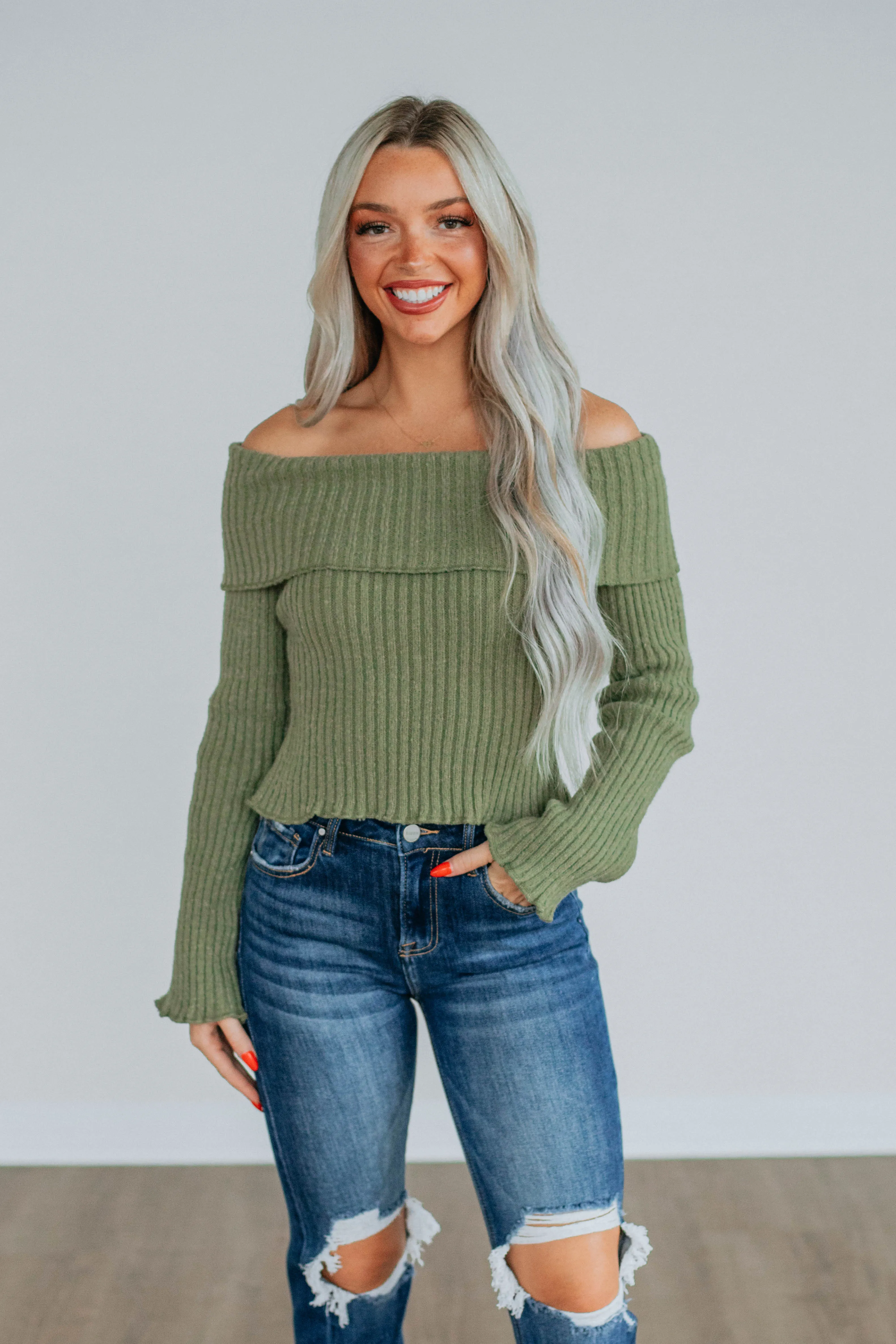 Elaine Off Shoulder Sweater  - Olive,Women Sweater