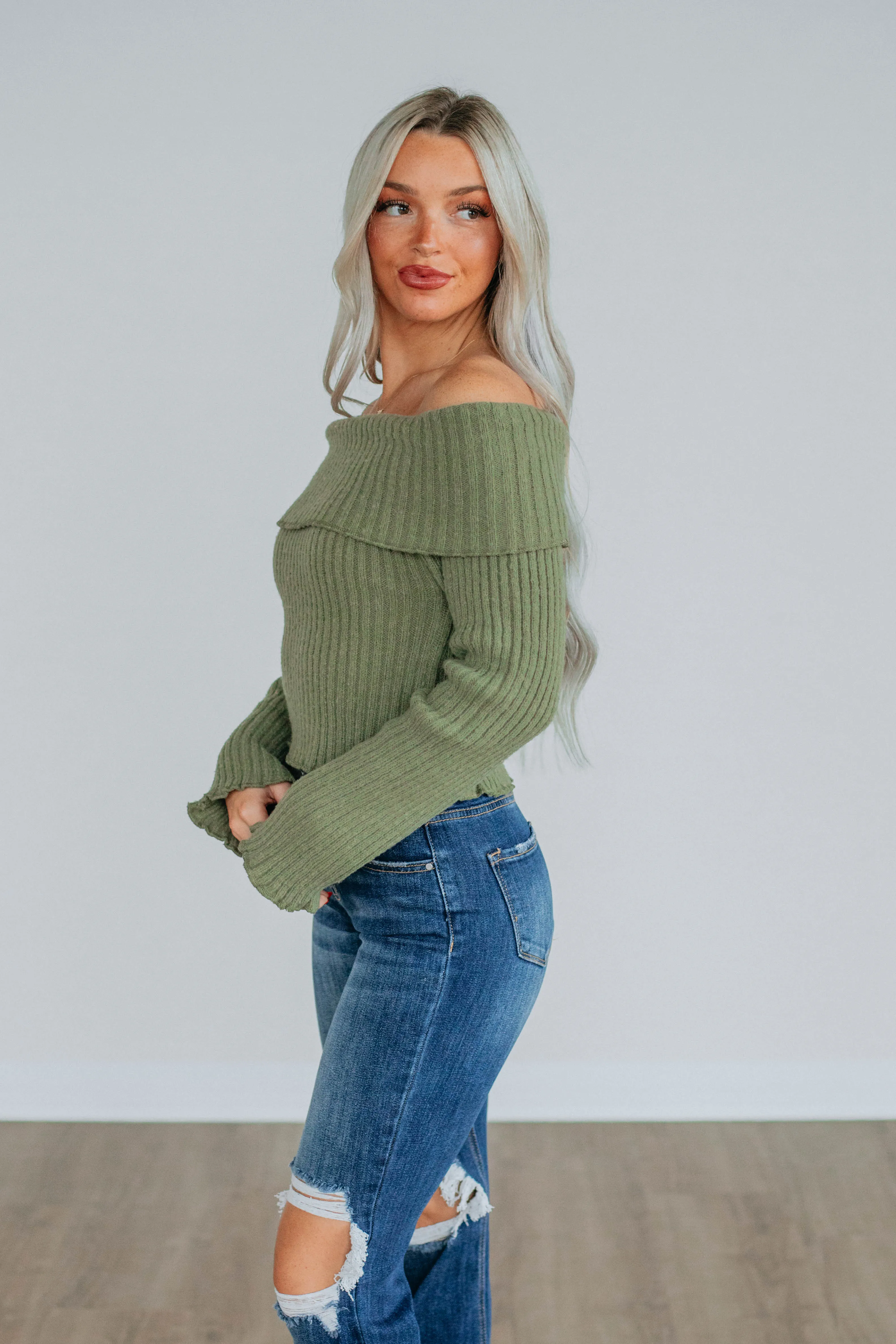 Elaine Off Shoulder Sweater  - Olive,Women Sweater