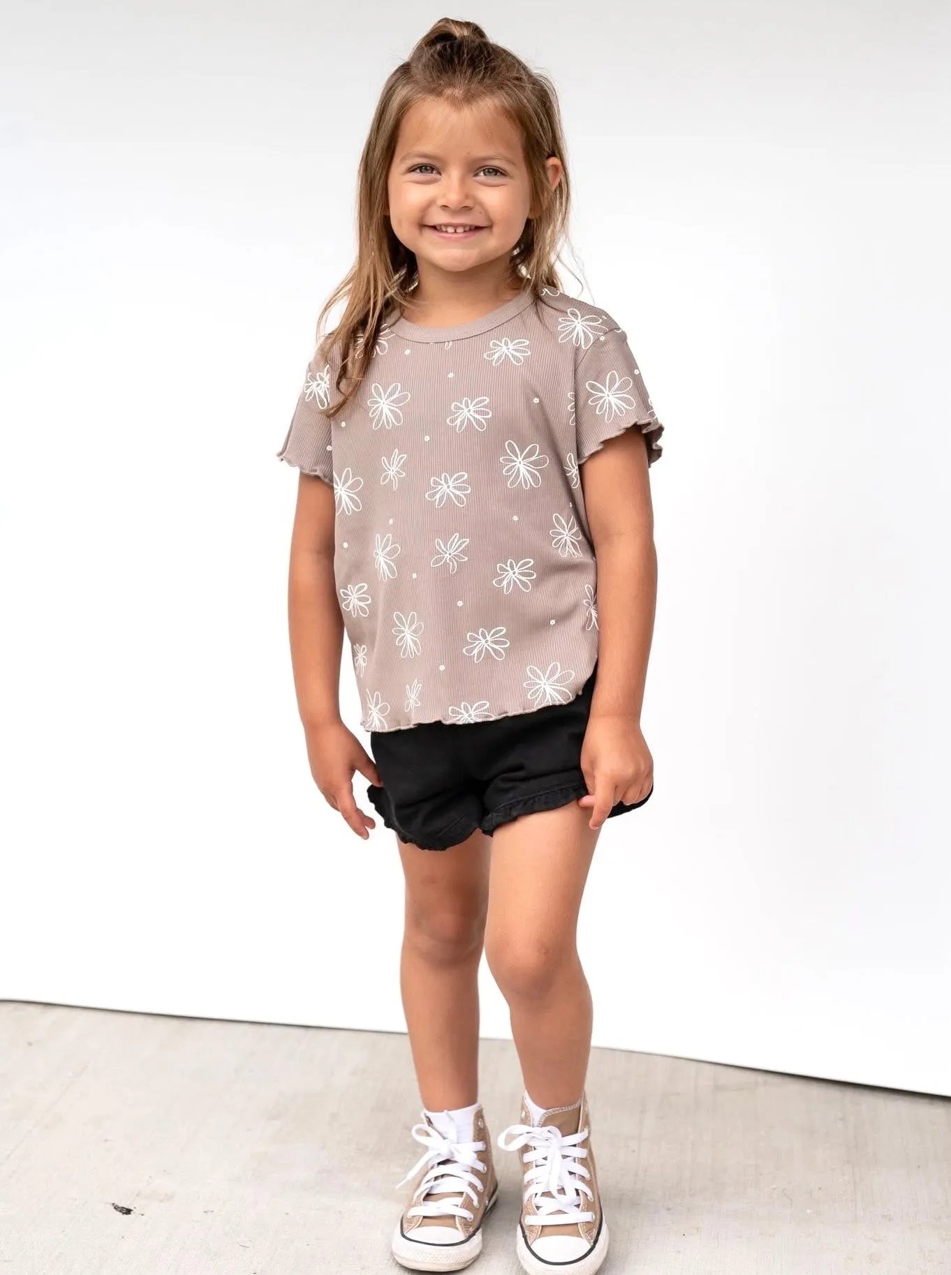 Floral Ribbed Lettuce Trim Tee - Mushroom,Kids