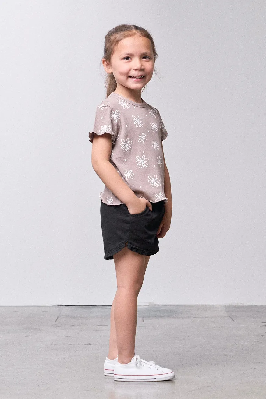 Floral Ribbed Lettuce Trim Tee - Mushroom,Kids