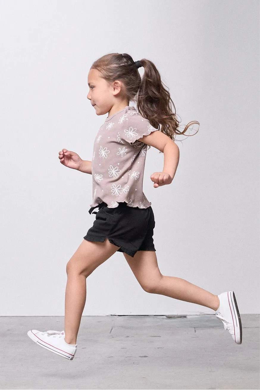Floral Ribbed Lettuce Trim Tee - Mushroom,Kids