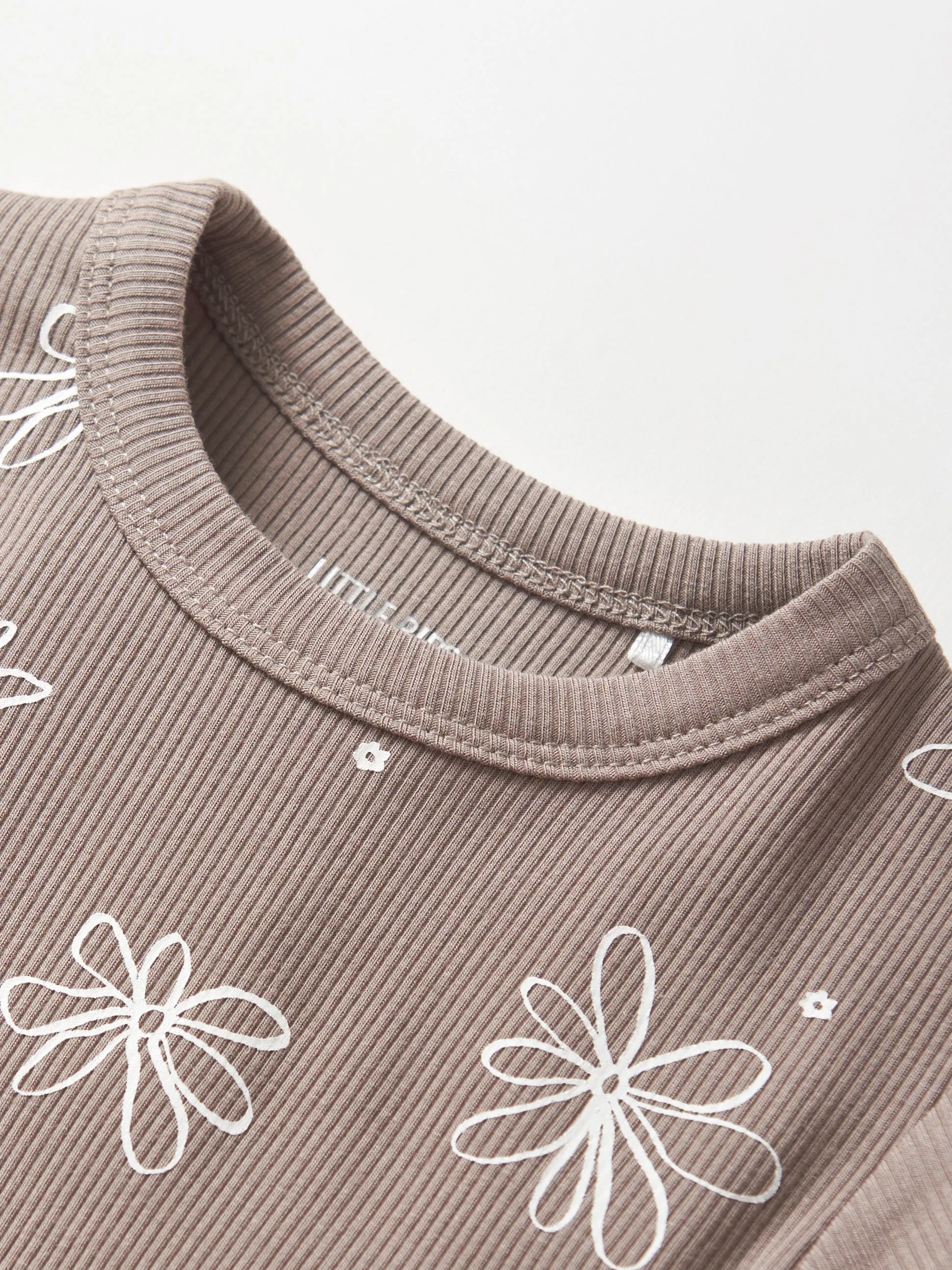 Floral Ribbed Lettuce Trim Tee - Mushroom,Kids