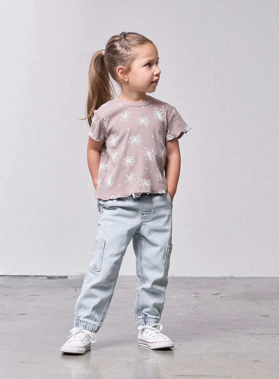 Floral Ribbed Lettuce Trim Tee - Mushroom,Kids