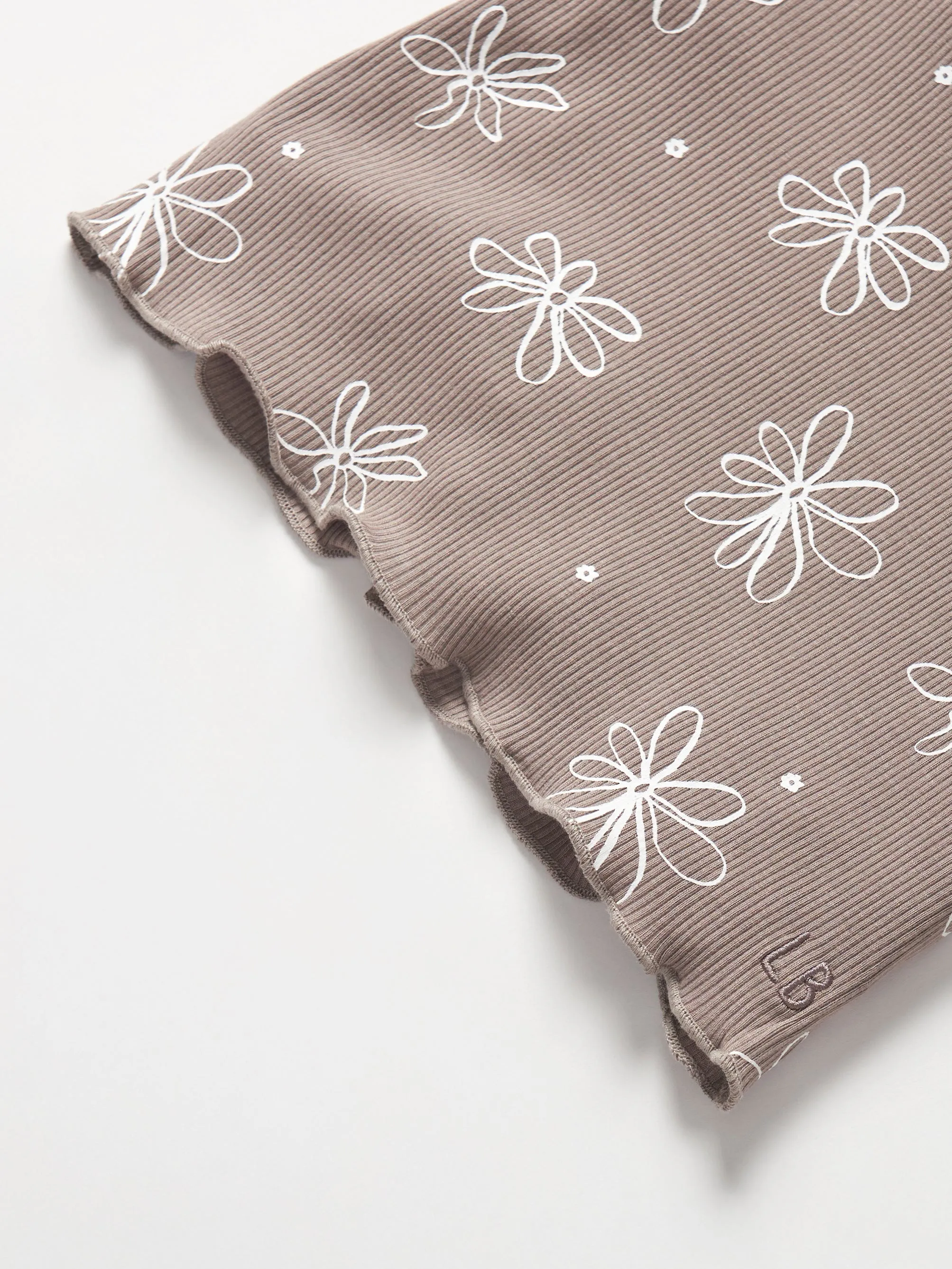 Floral Ribbed Lettuce Trim Tee - Mushroom,Kids