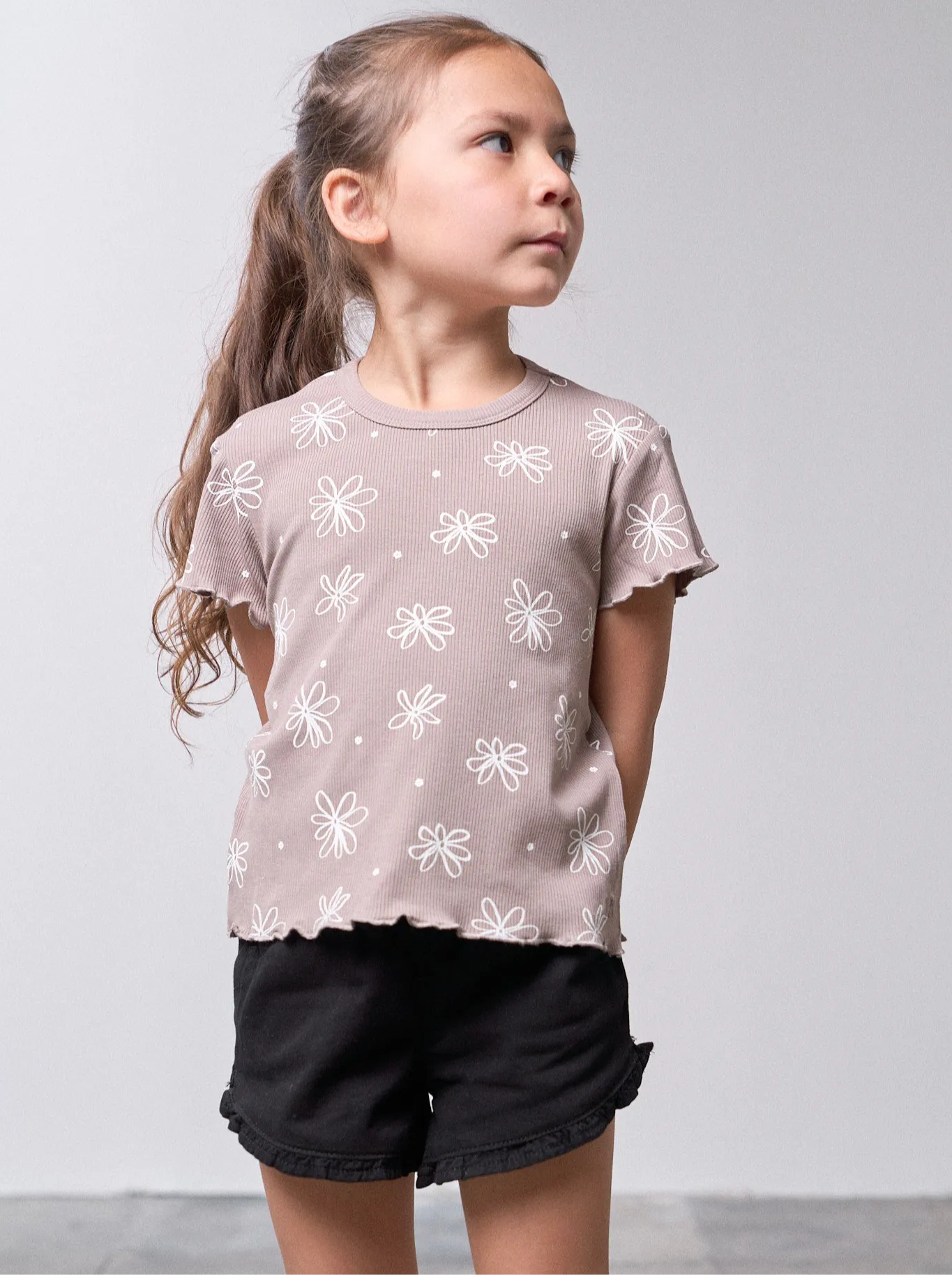 Floral Ribbed Lettuce Trim Tee - Mushroom,Kids