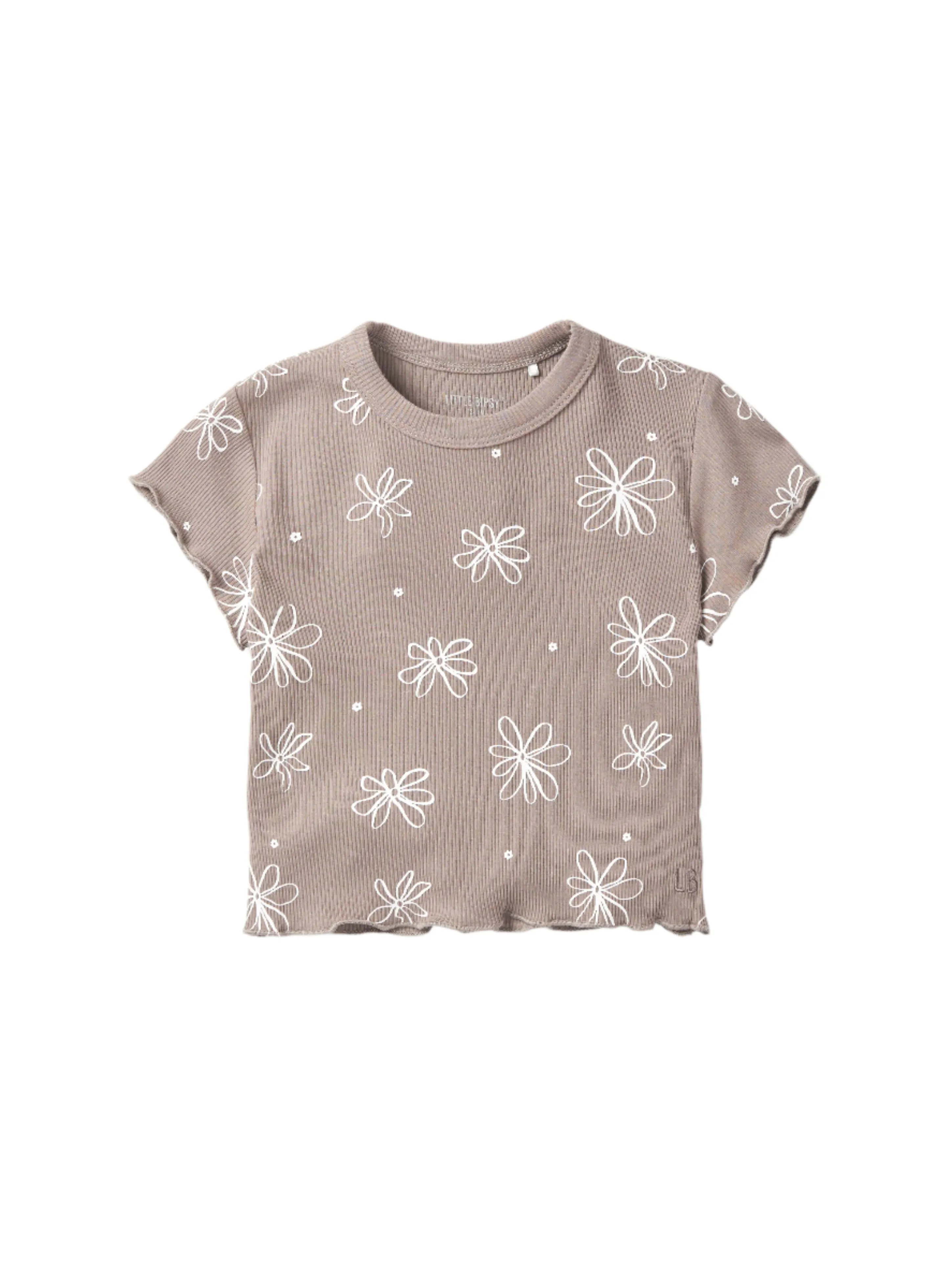 Floral Ribbed Lettuce Trim Tee - Mushroom,Kids