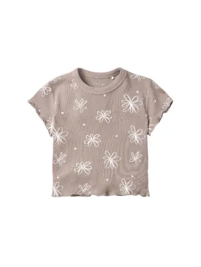 Floral Ribbed Lettuce Trim Tee - Mushroom,Kids