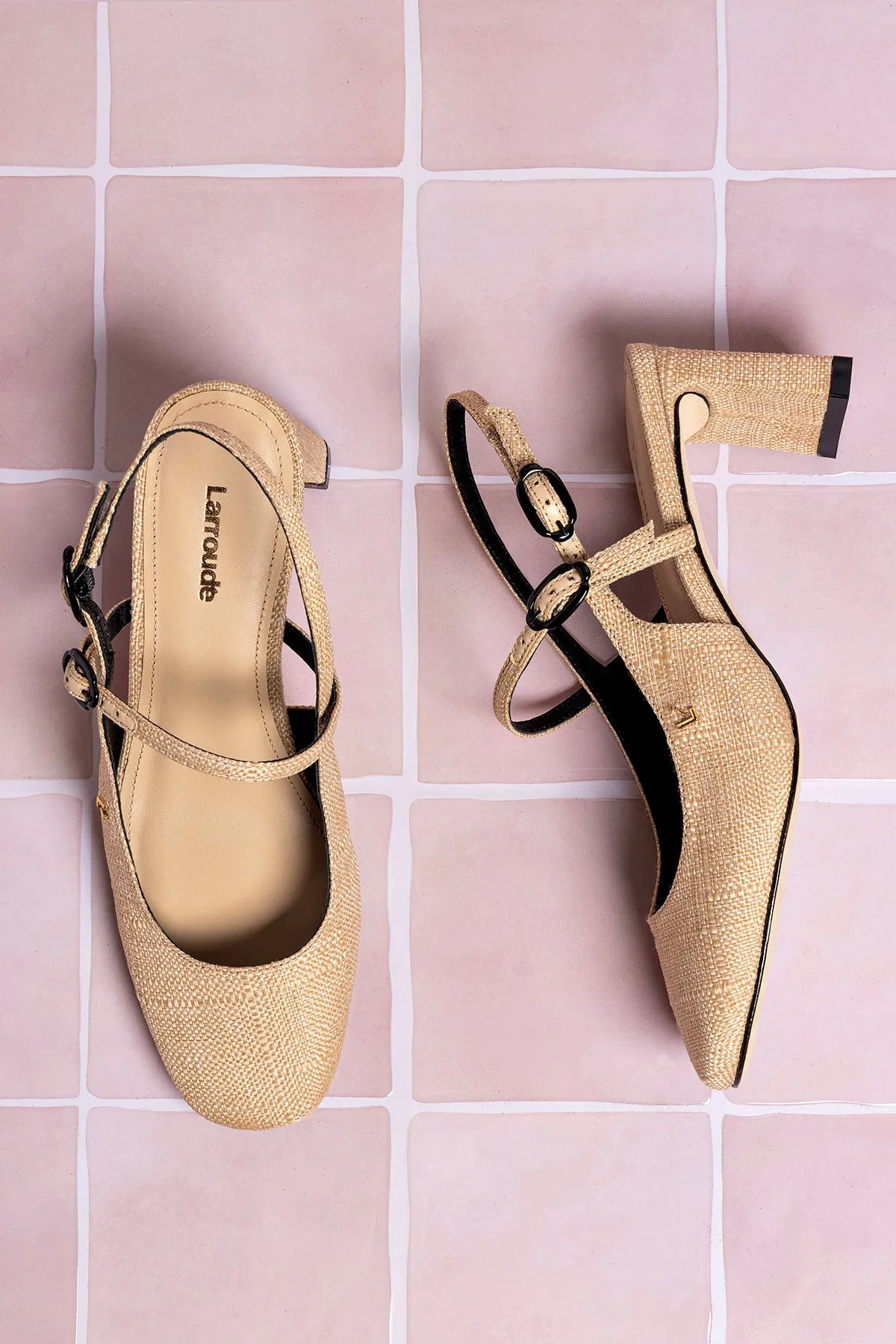 Georgina Pump In Beige Raffia and Black Trimming,Women Heel