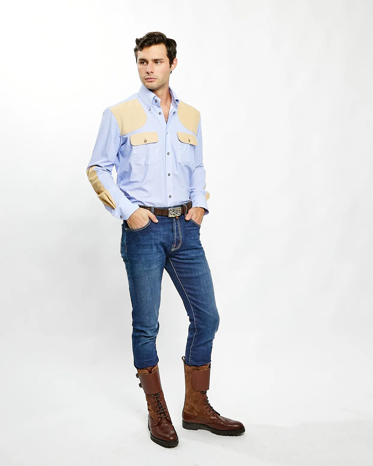JD Performance Field Shirt in Blue with Tan,Men