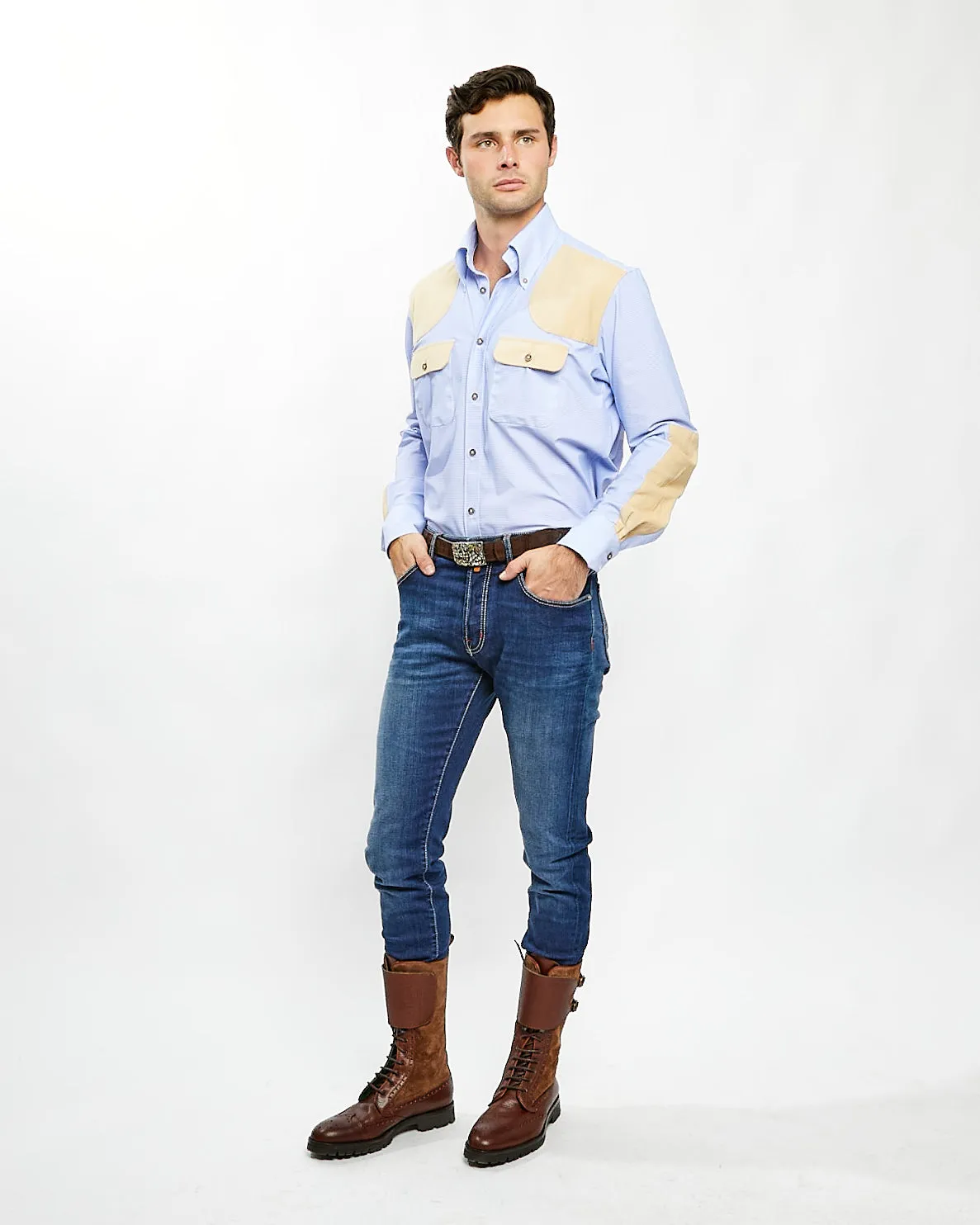 JD Performance Field Shirt in Blue with Tan,Men
