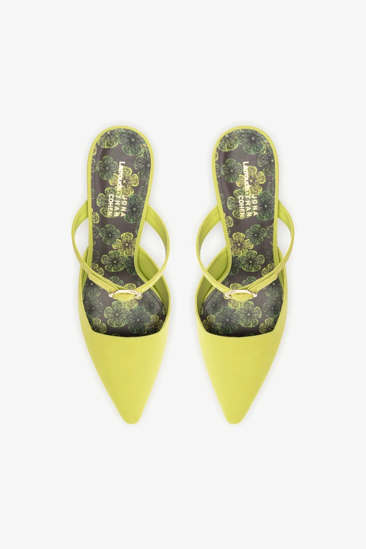Larroud?? for Jonathan Cohen: Strap Mule In Green Satin,Women Heel