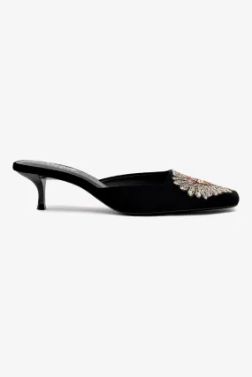 Larroud?? x Markarian Mule In Black Velvet and Heart Embroidery,Women Heel