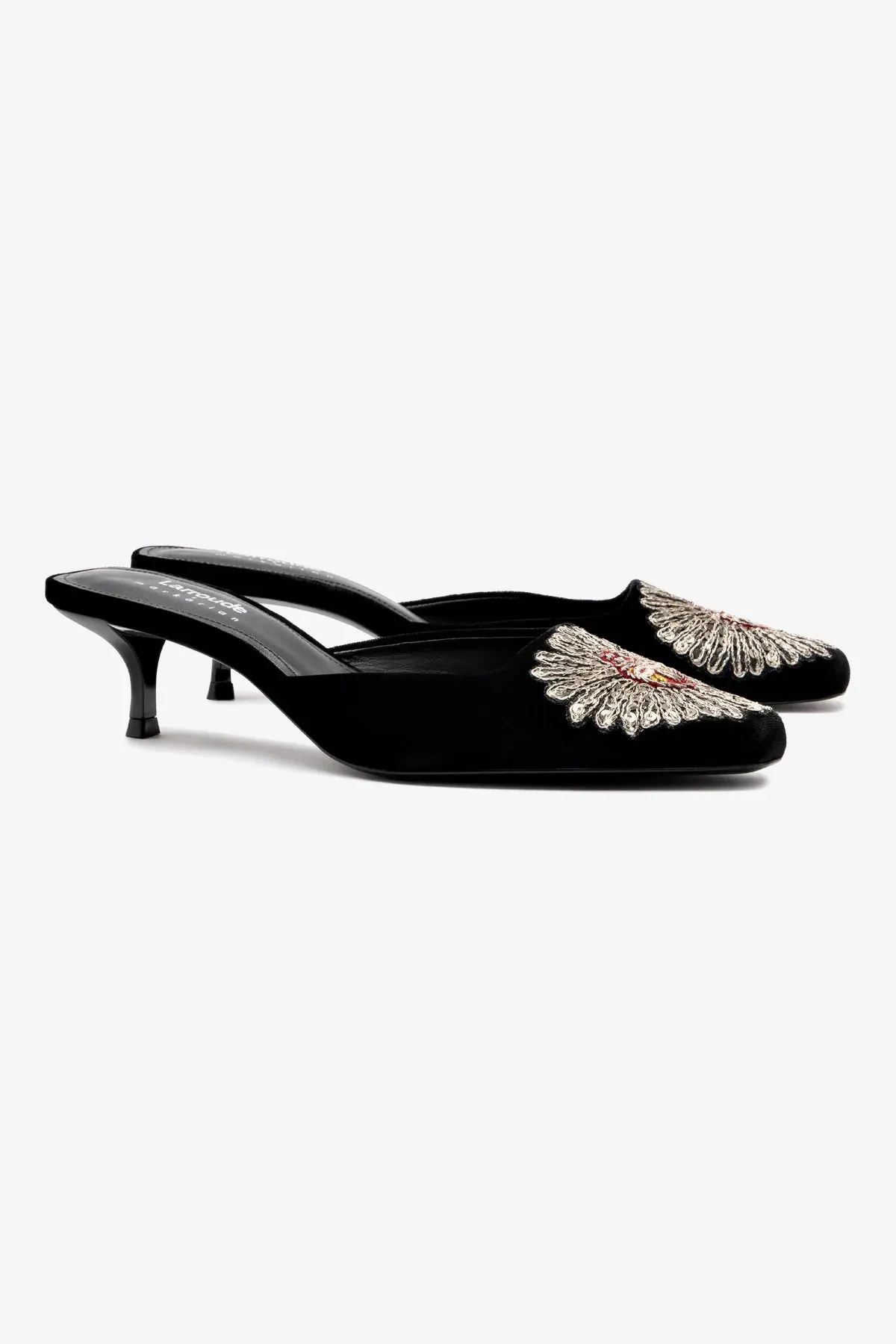 Larroud?? x Markarian Mule In Black Velvet and Heart Embroidery,Women Heel