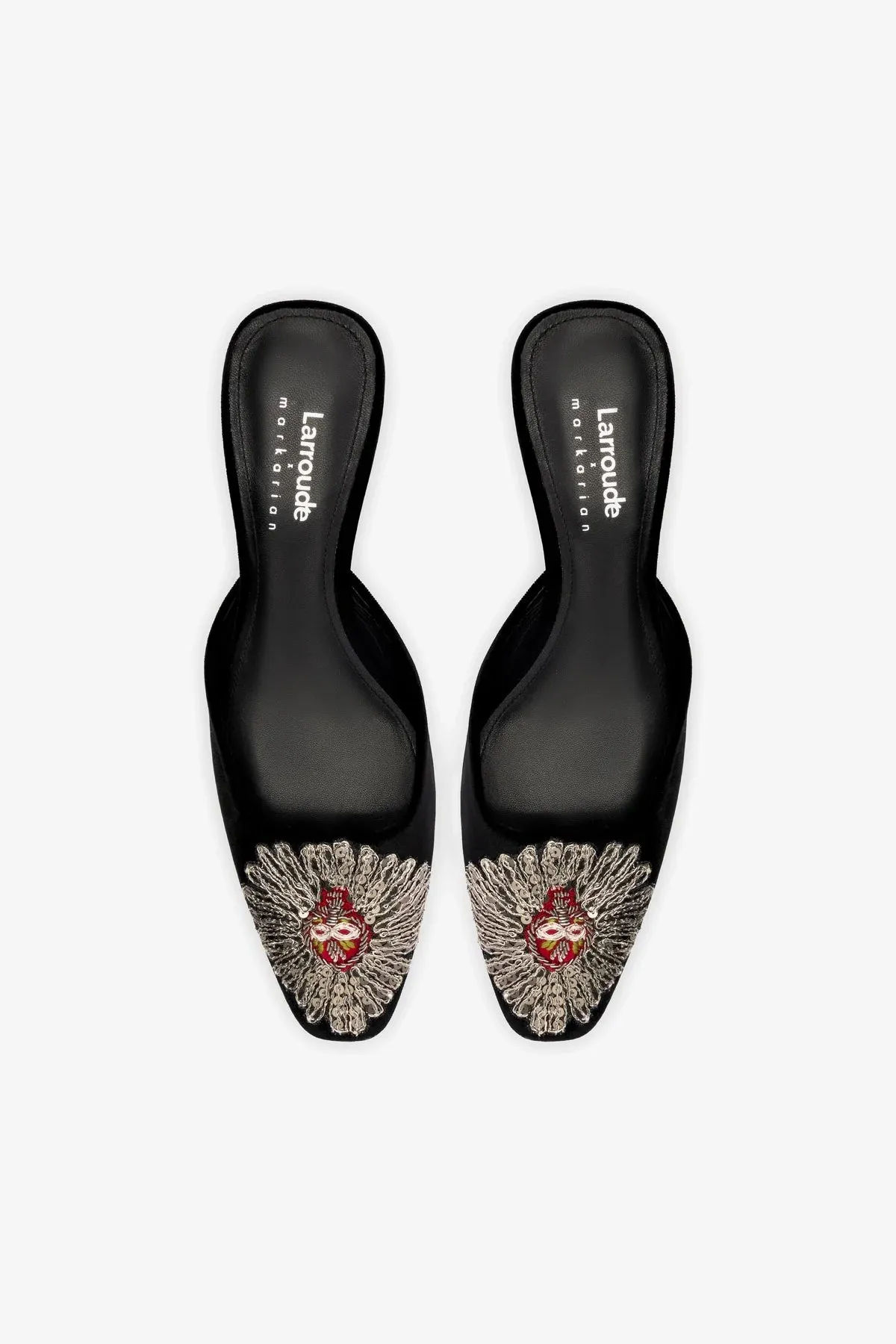 Larroud?? x Markarian Mule In Black Velvet and Heart Embroidery,Women Heel