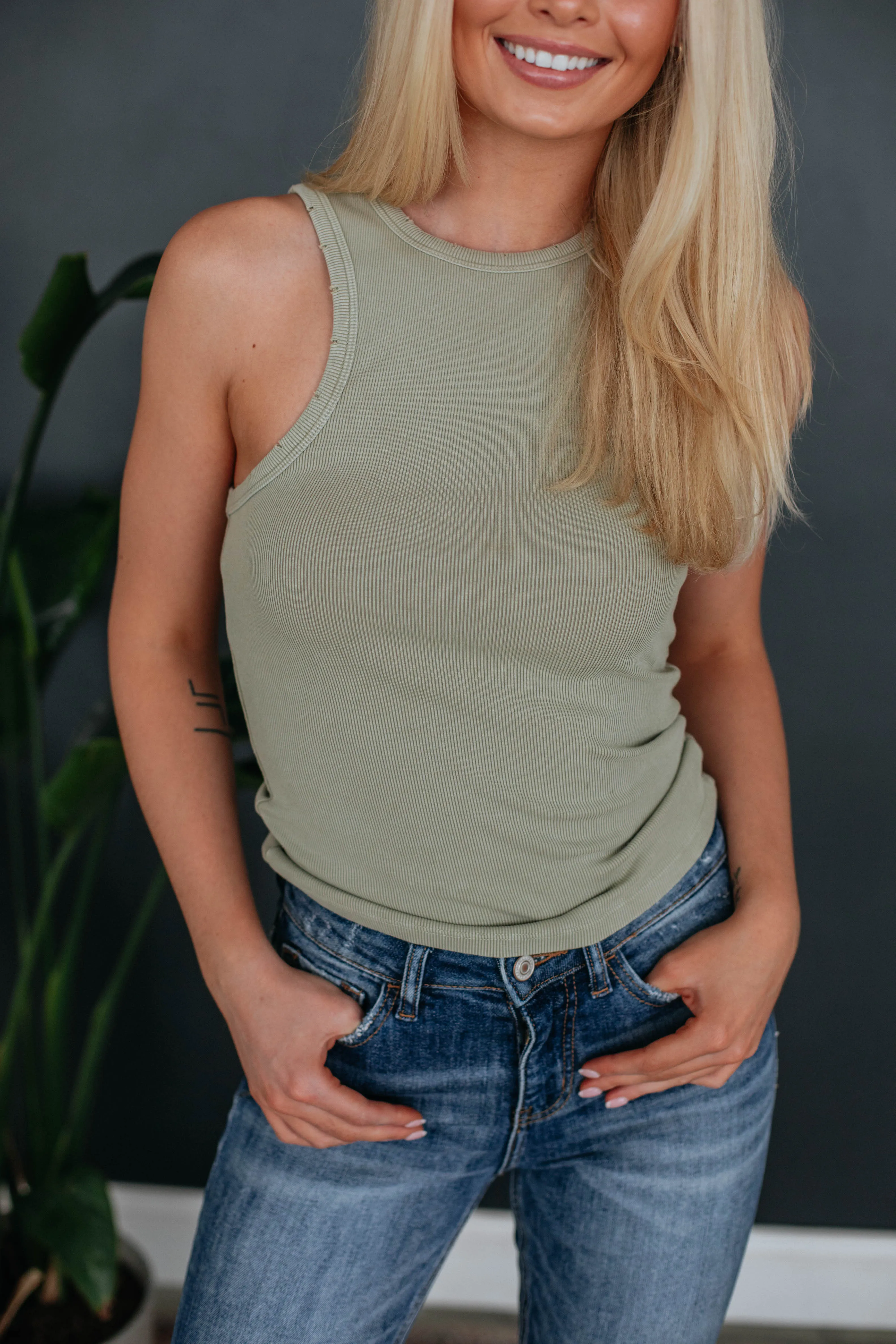 Lou Ribbed Tank - Sage,Women Tank
