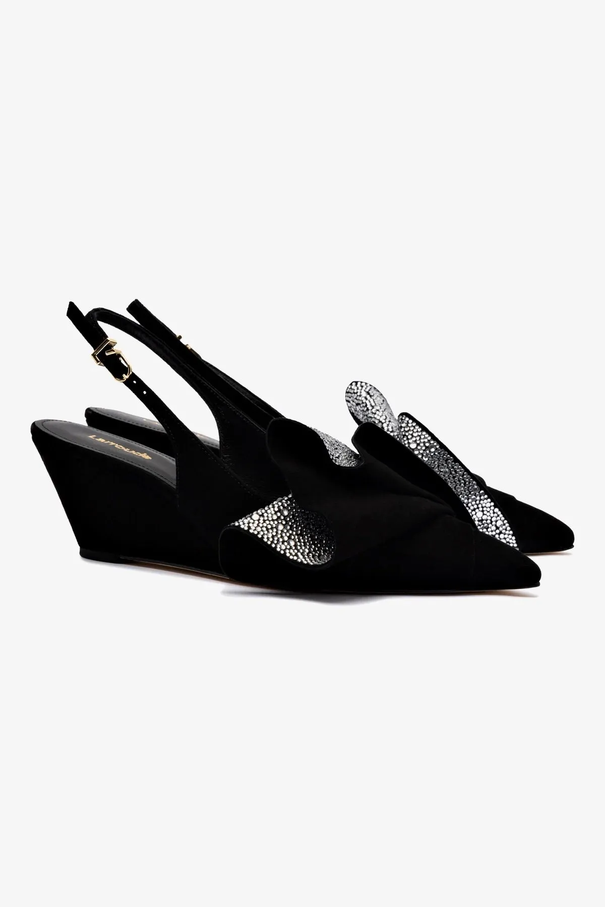 Loulou Ruffle Pump In Black Suede and Crystals,Women Heel