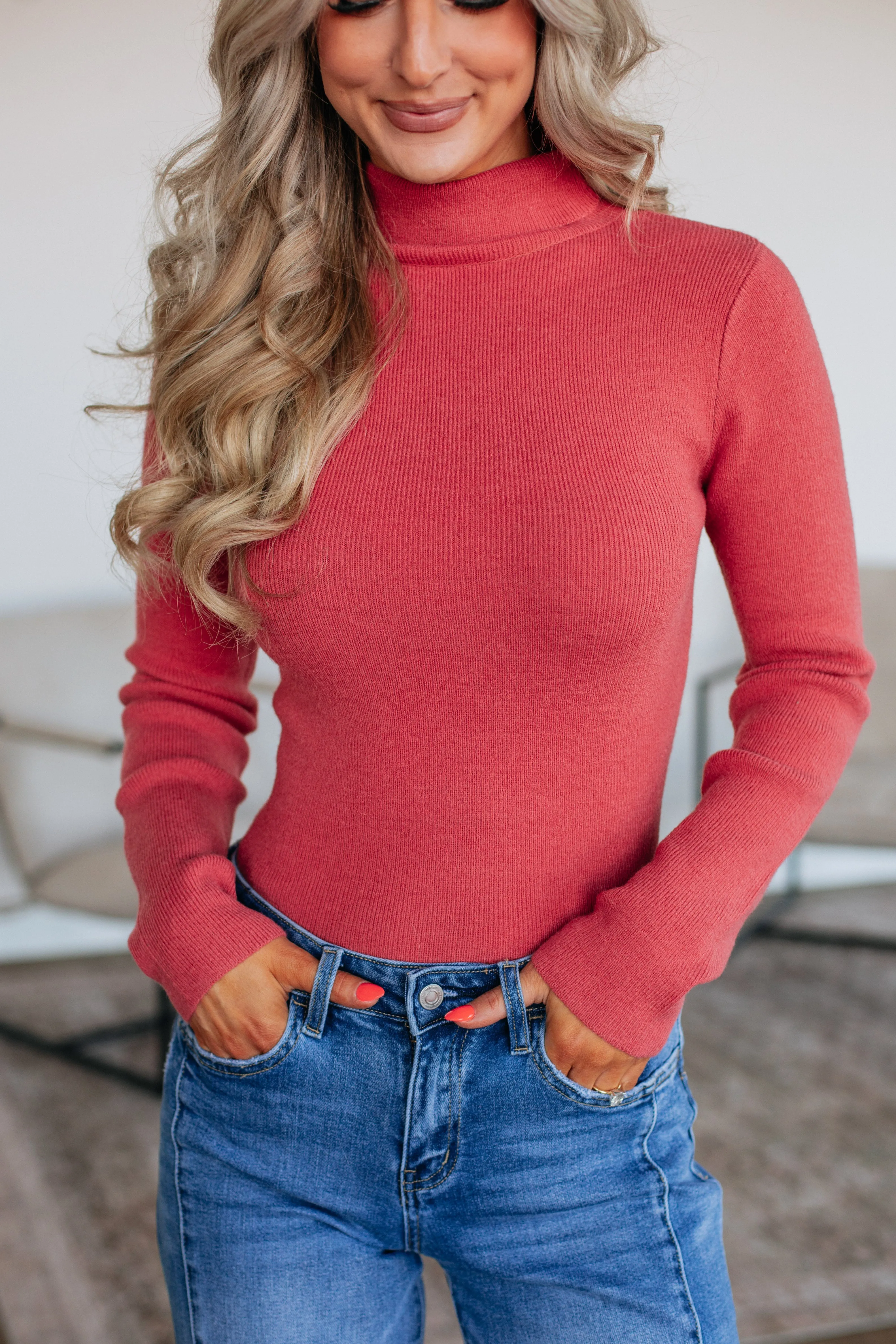 Paxton Turtle Neck Sweater - Dusty Red,Women Sweater