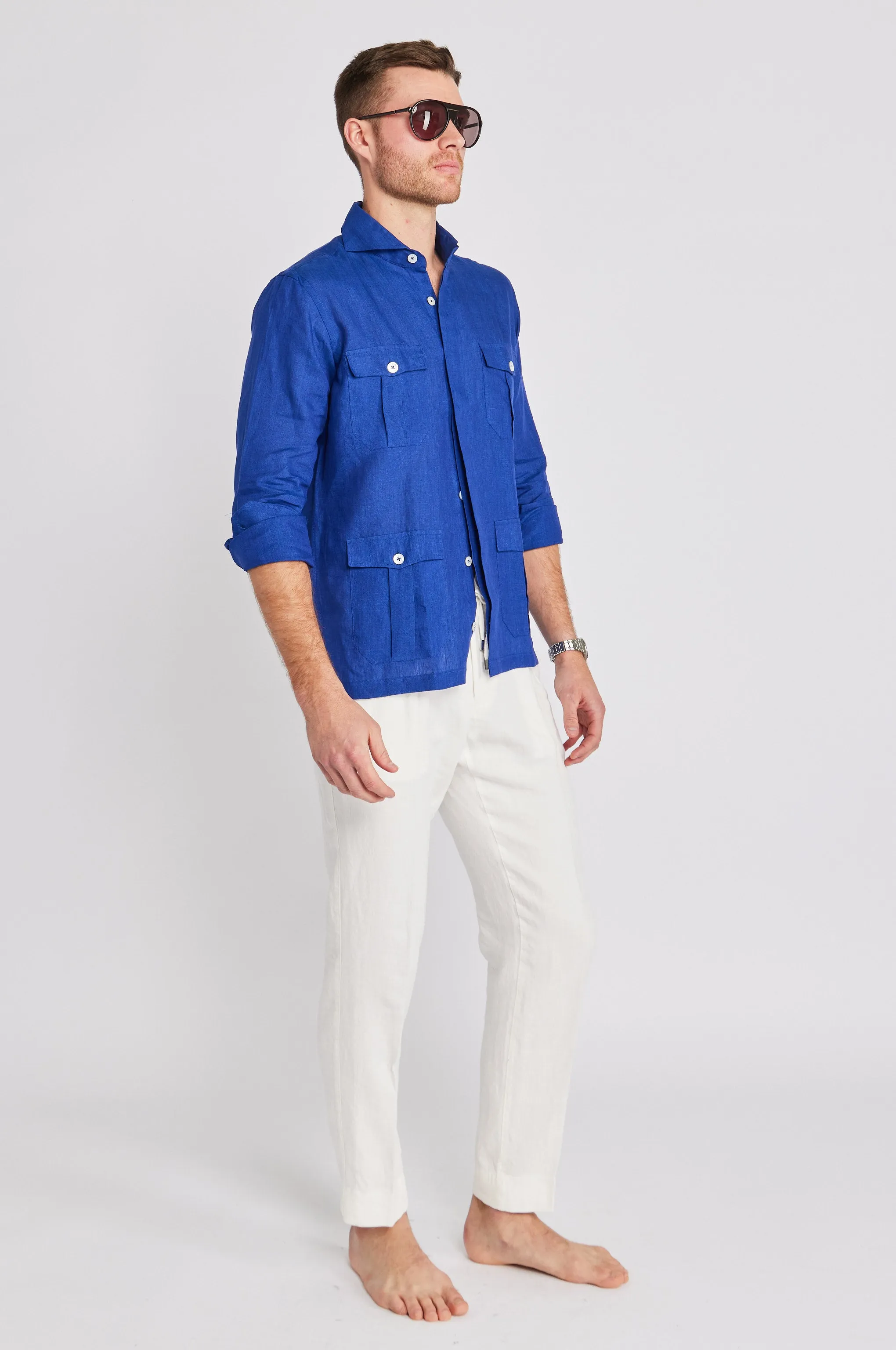 Positano Linen Work Shirt in Cobalt,Men