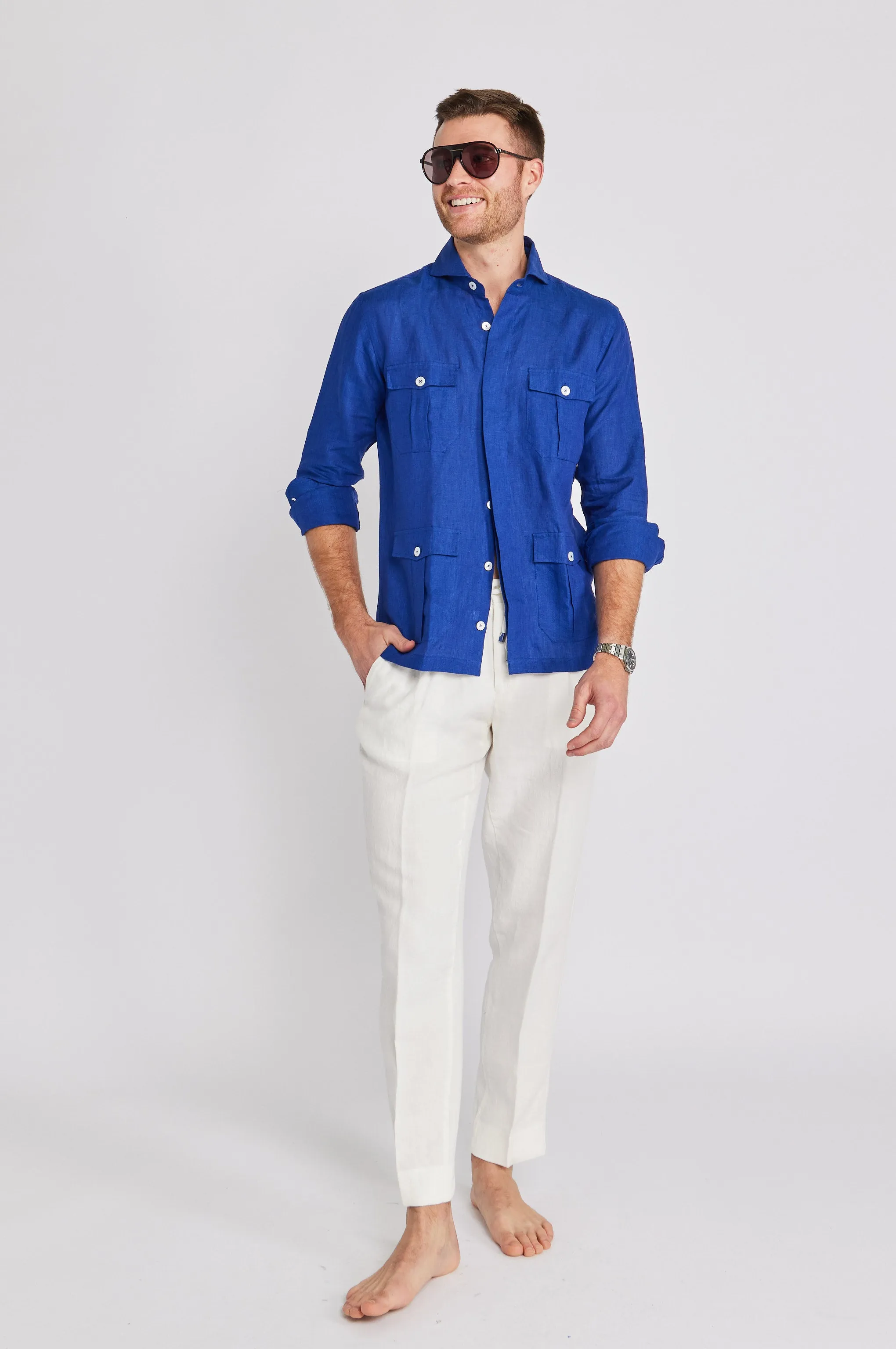 Positano Linen Work Shirt in Cobalt,Men