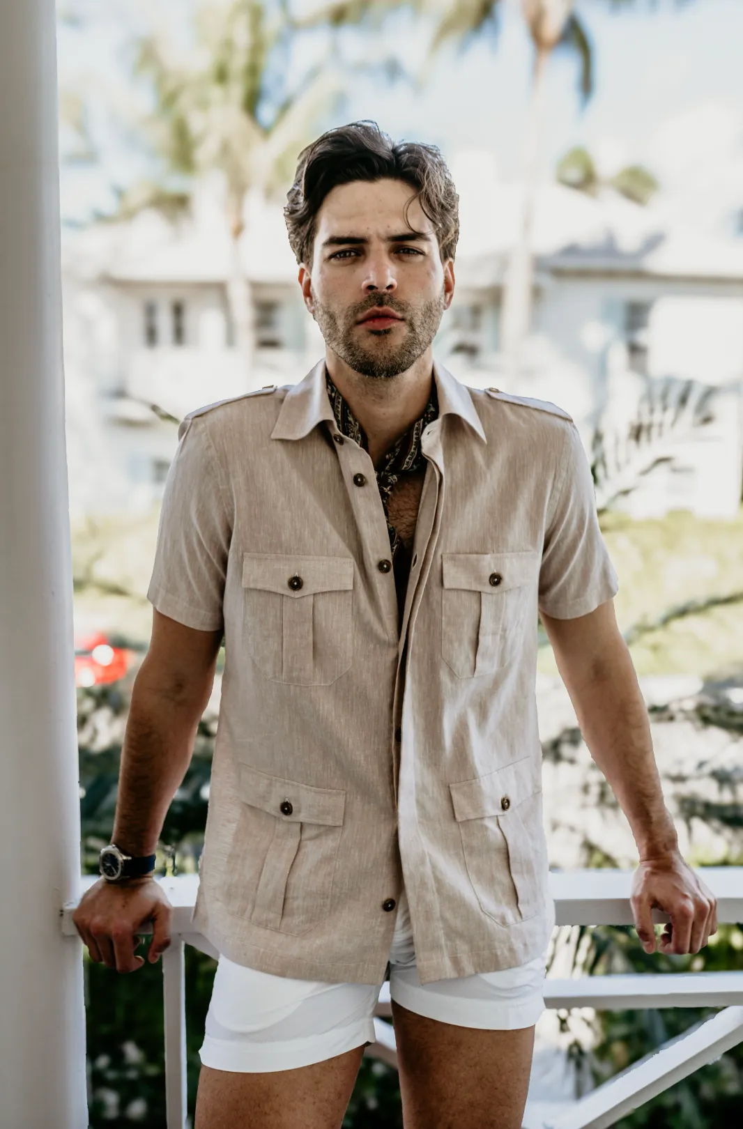 Positano S/S Work Shirt in Tan Linen,Men