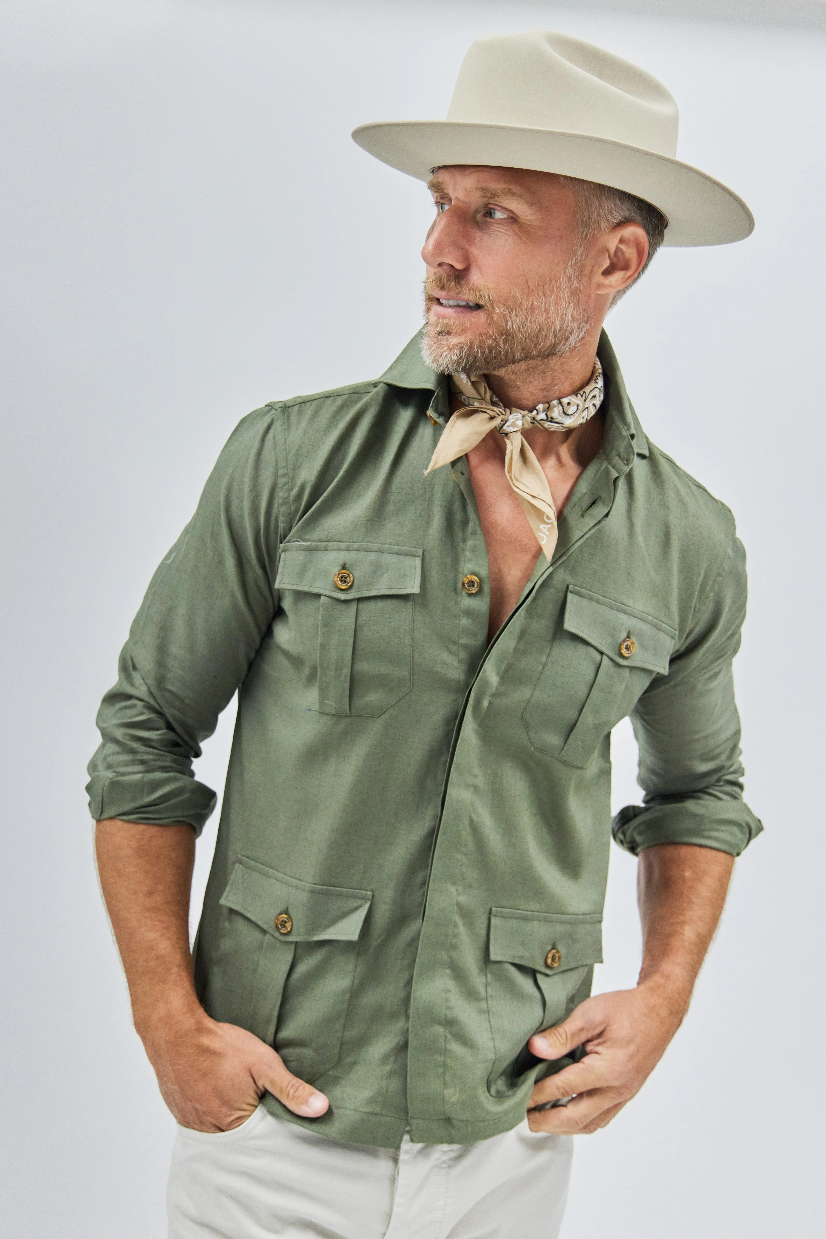 Positano Work Shirt in Dark Olive Linen,Men