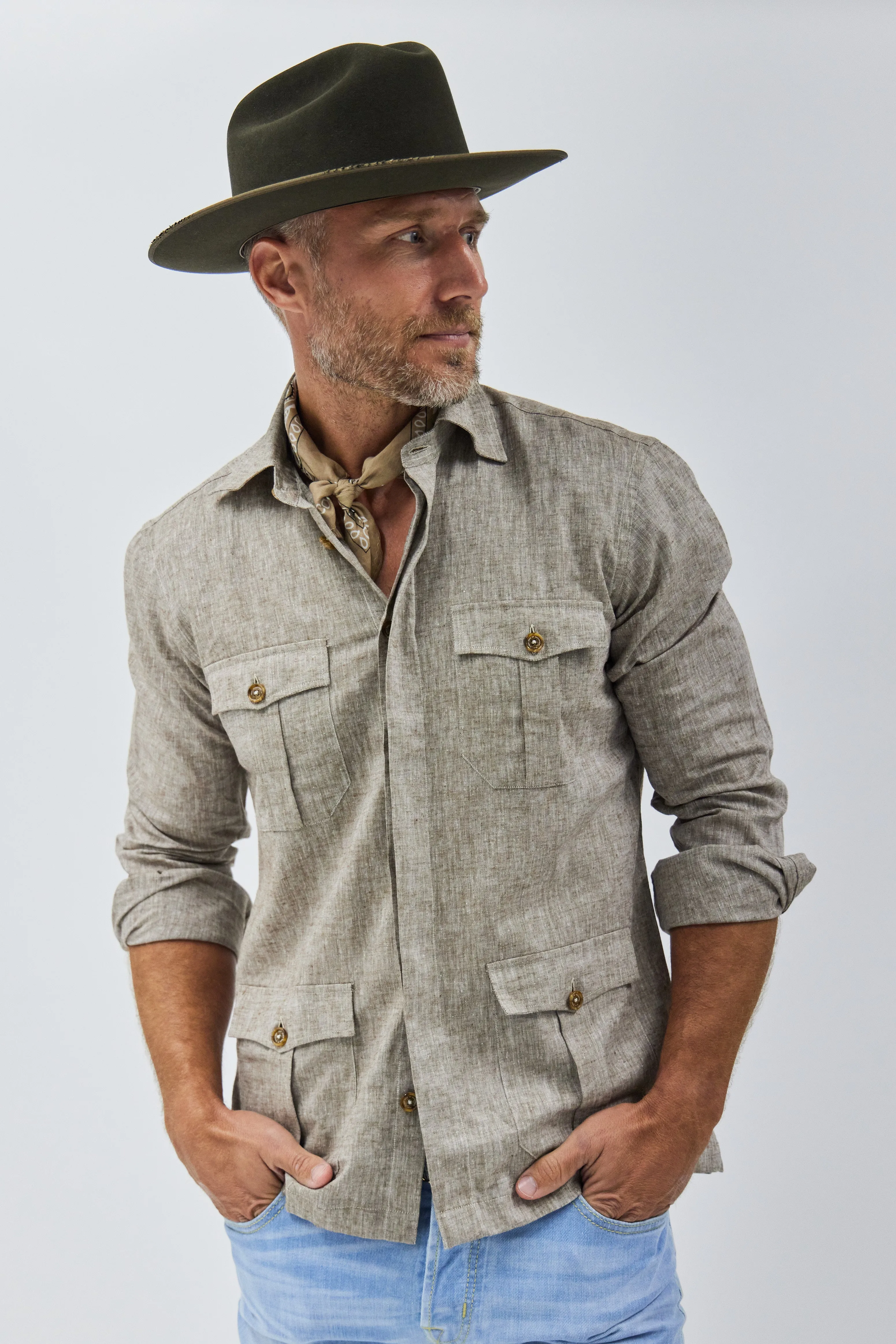 Positano Work Shirt in Light Brown Linen,Men