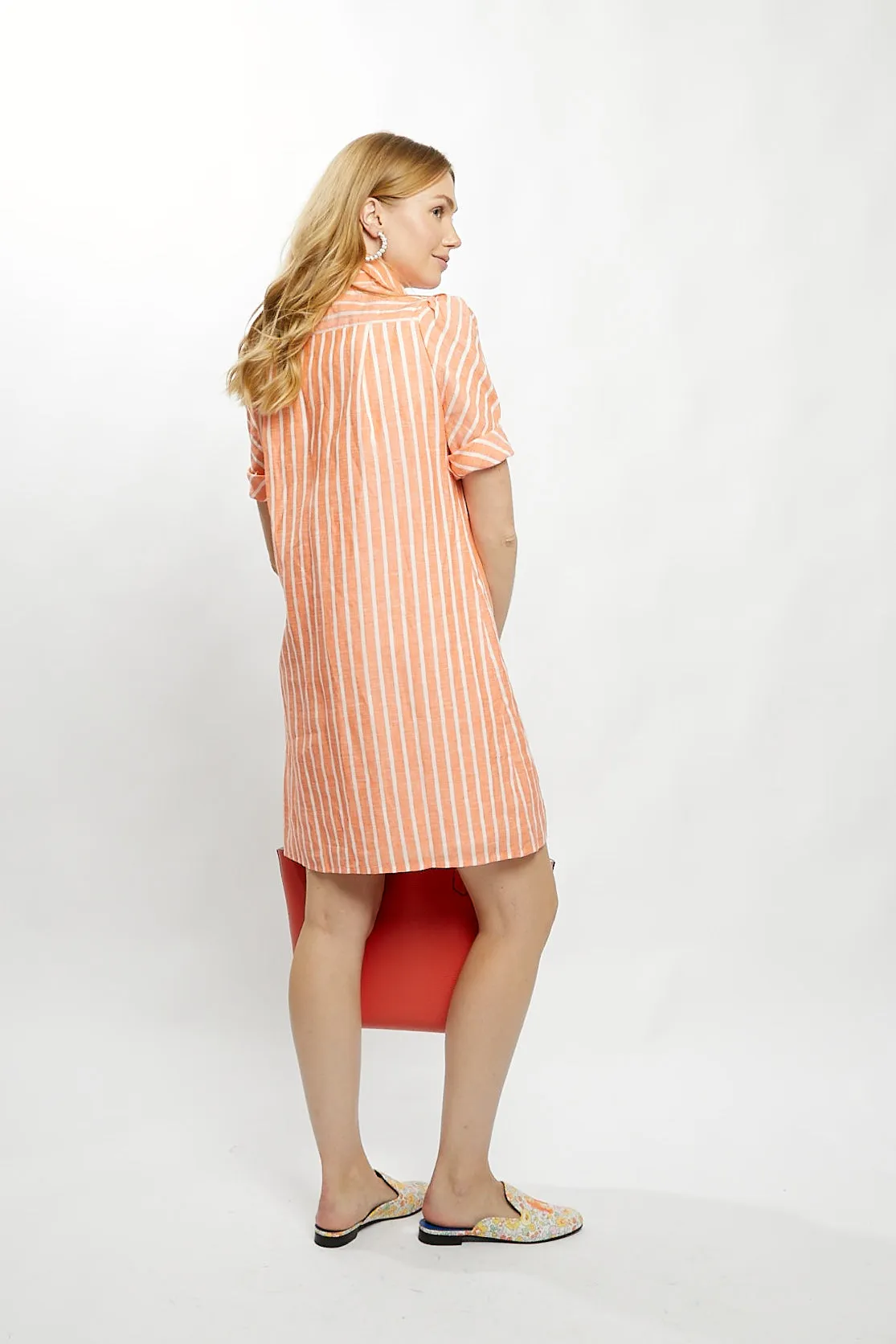 Tracy Dress in Orange Stripe Linen,Women
