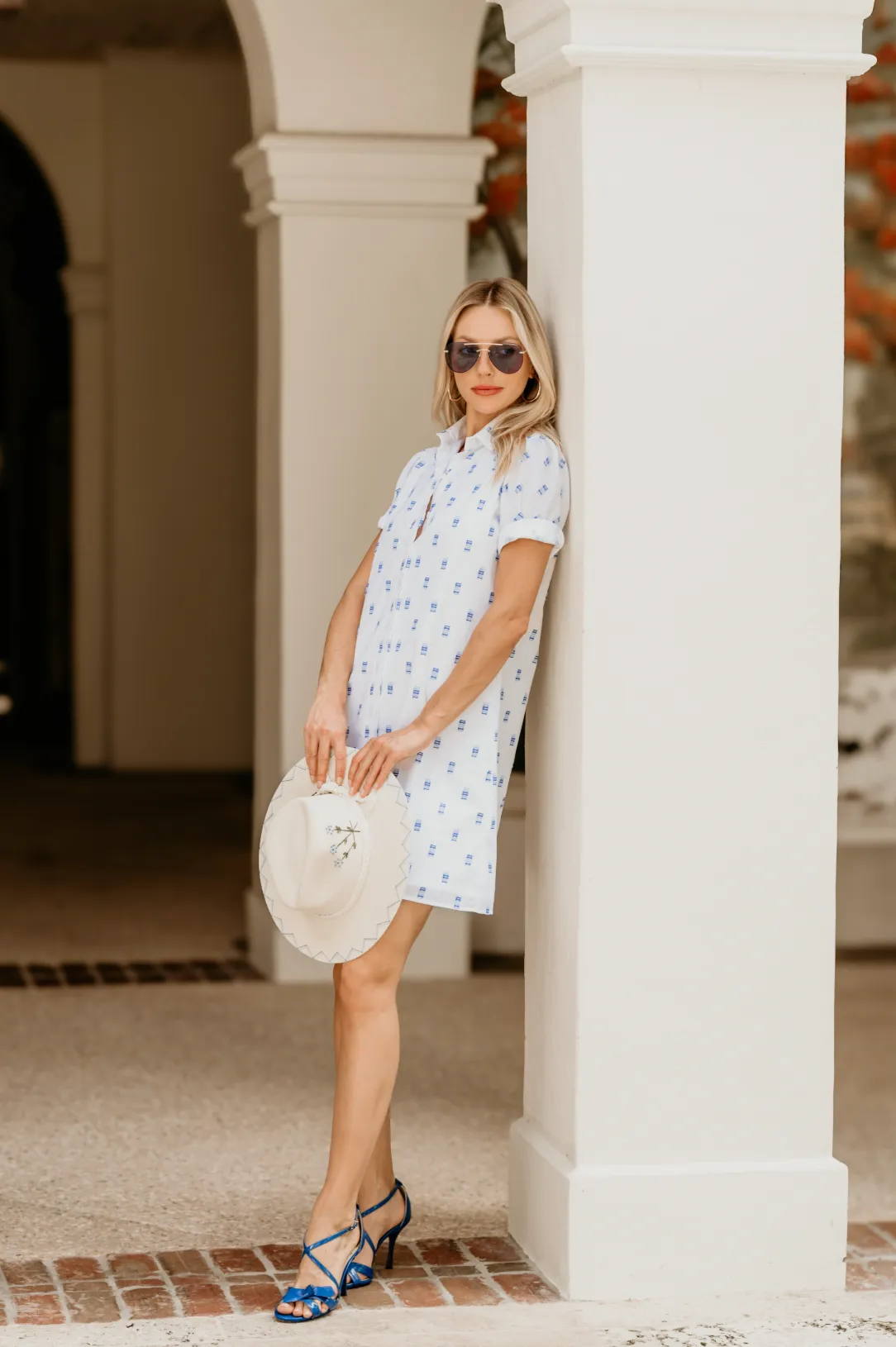 Tracy Dress in White with Blue Dot Pattern,Women
