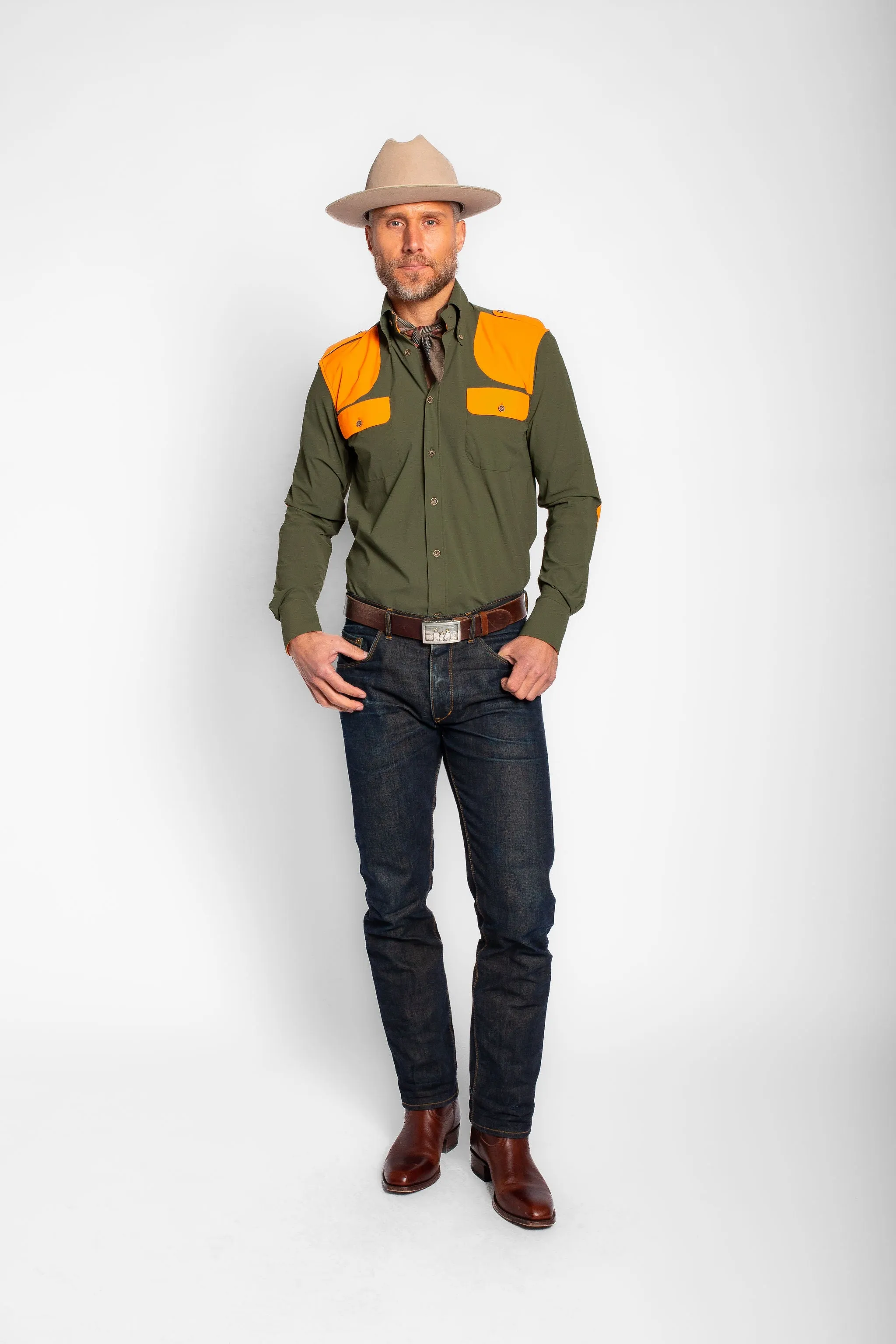 Upland Performance Field Shirt in Green with Blaze Orange,Men