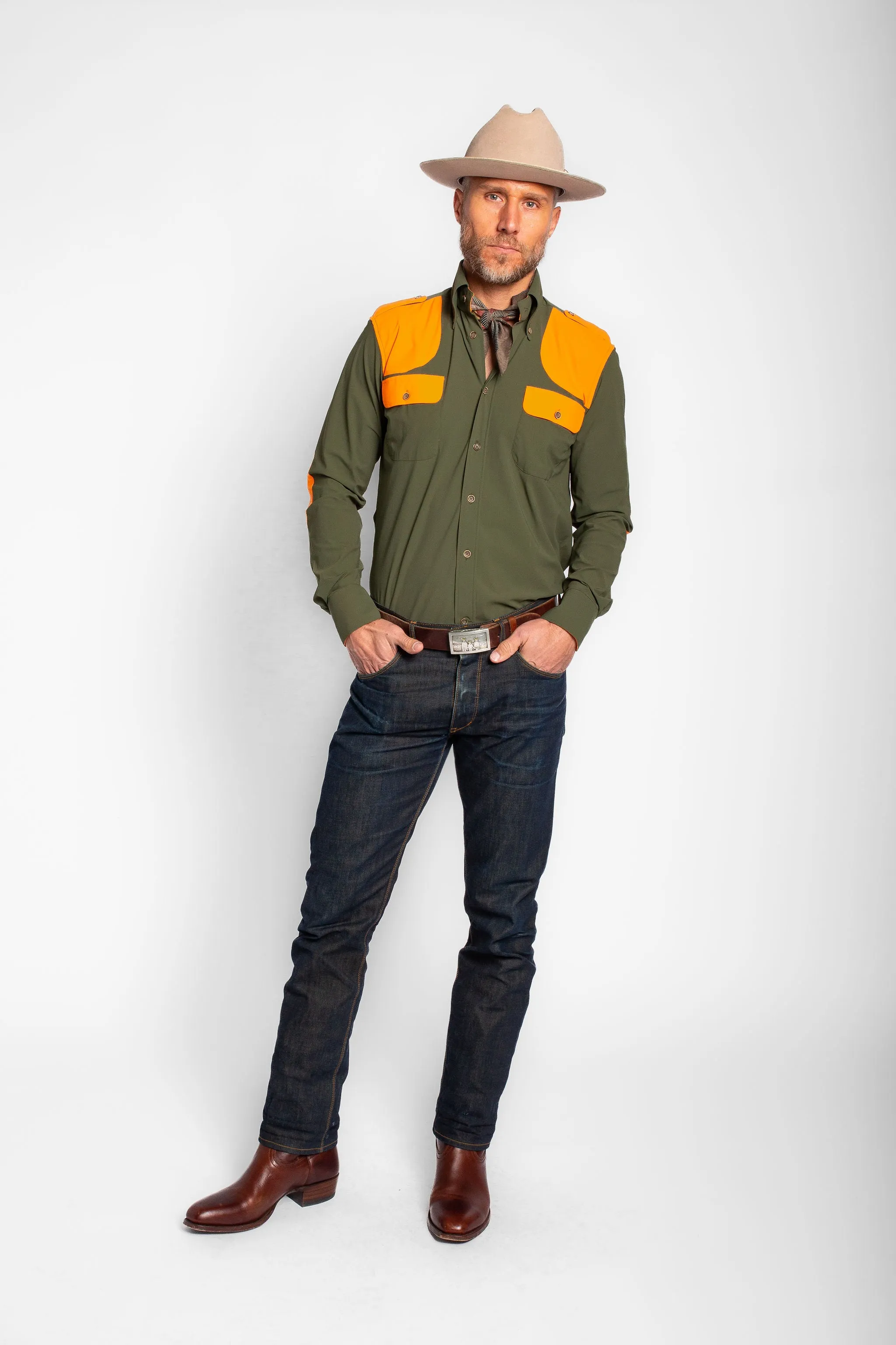 Upland Performance Field Shirt in Green with Blaze Orange,Men