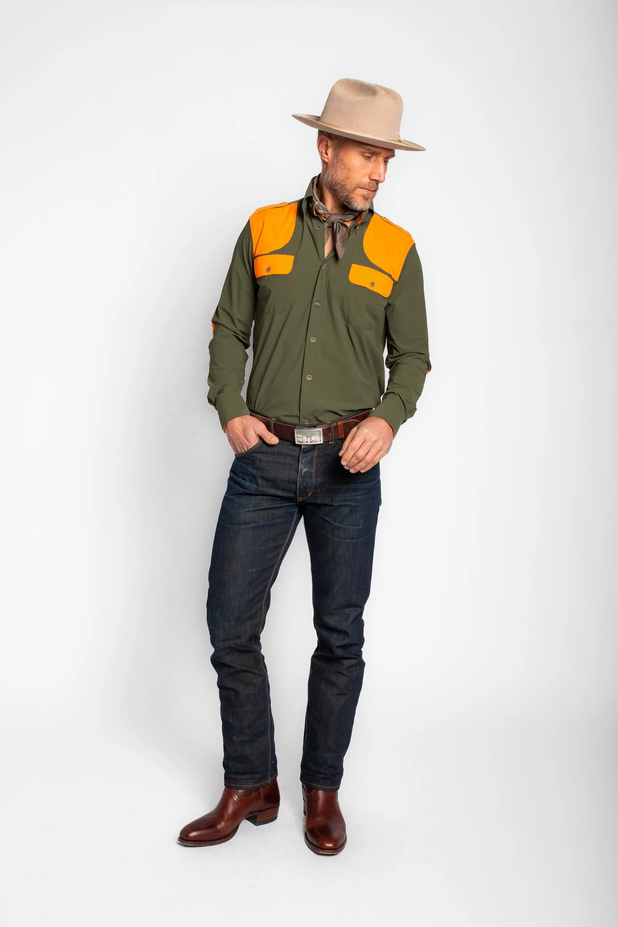 Upland Performance Field Shirt in Green with Blaze Orange,Men