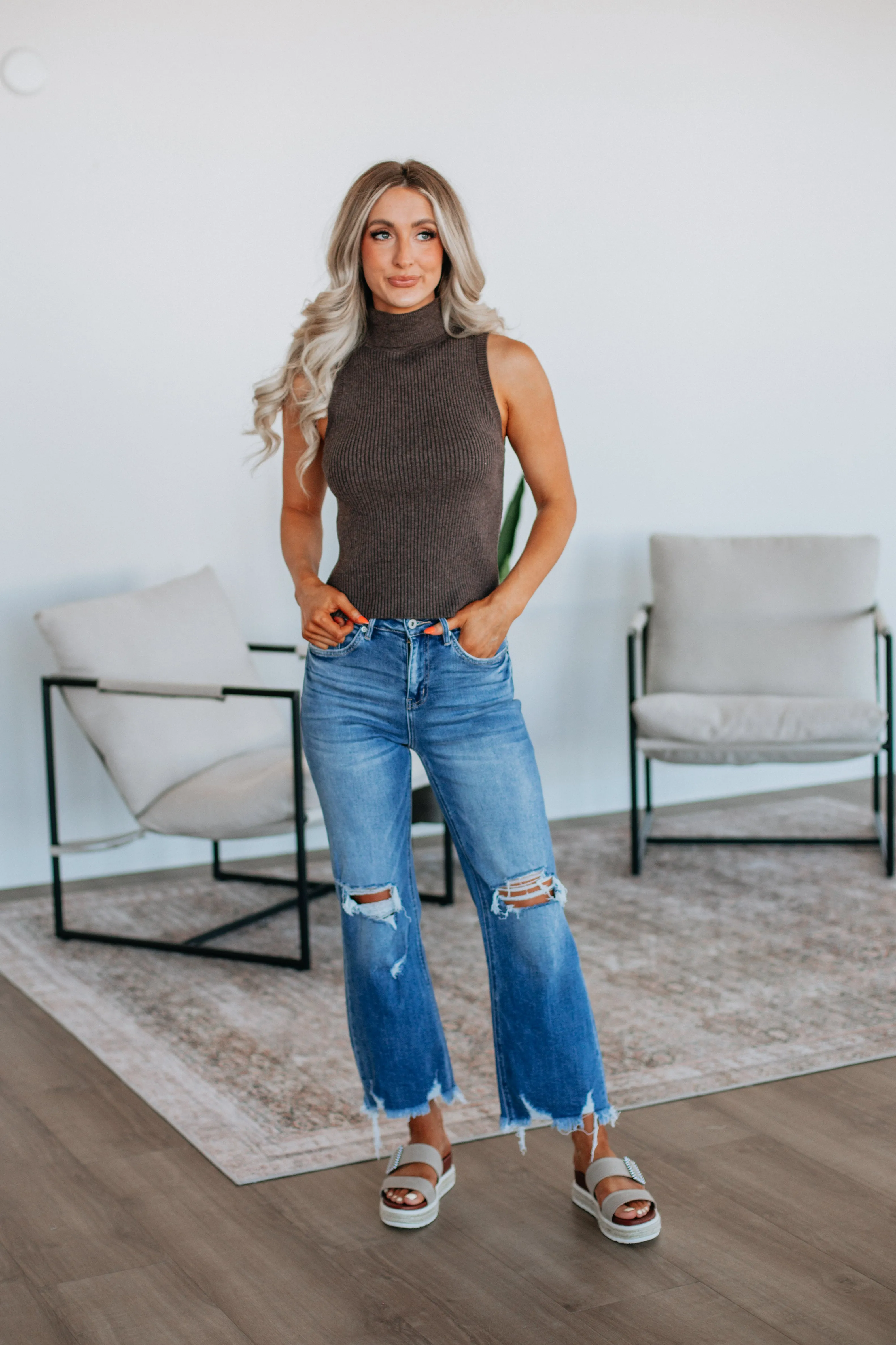 Vega Ribbed Tank - Chocolate,Women Tank