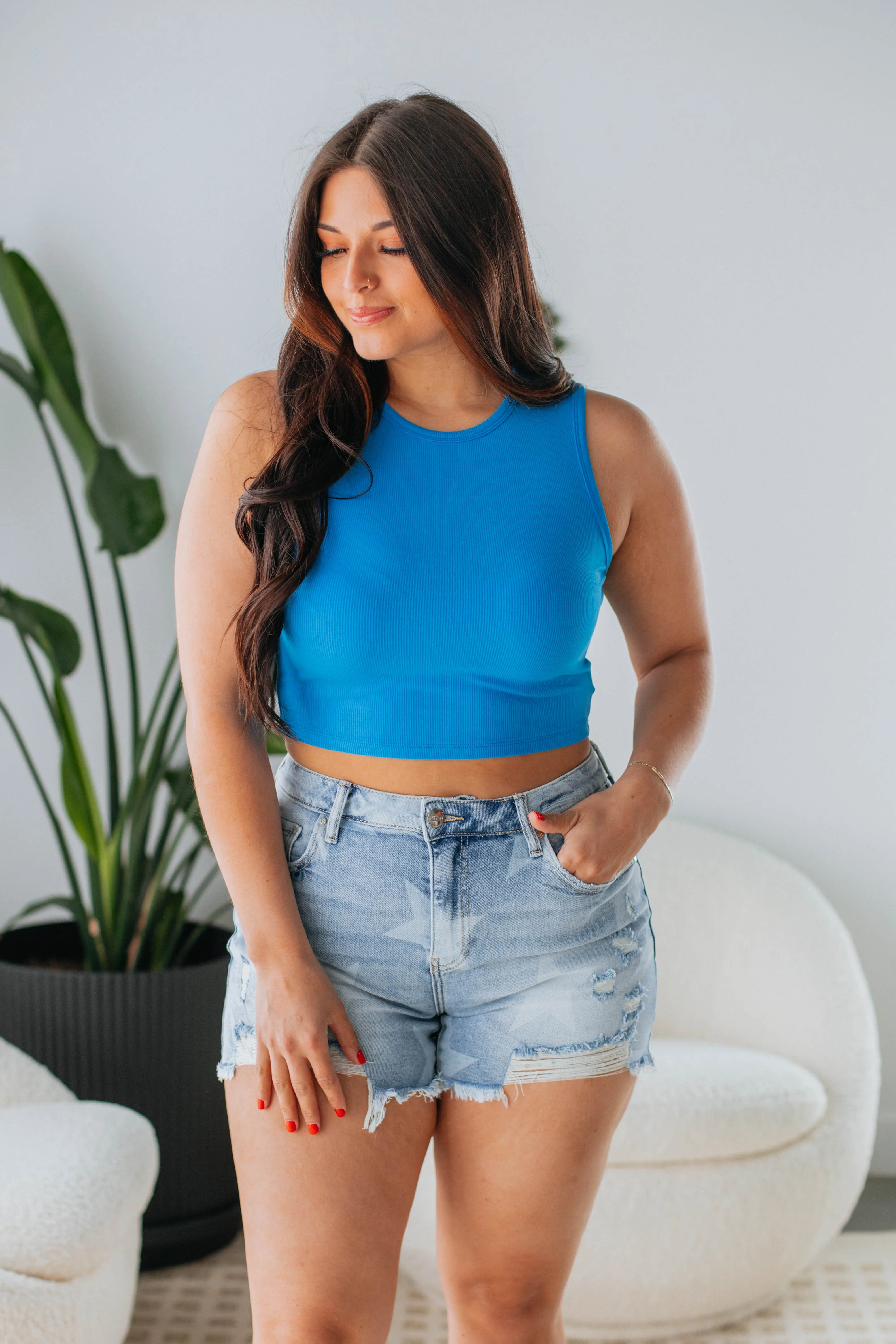 Willa Ribbed Tank - Cerulean,Women Tank