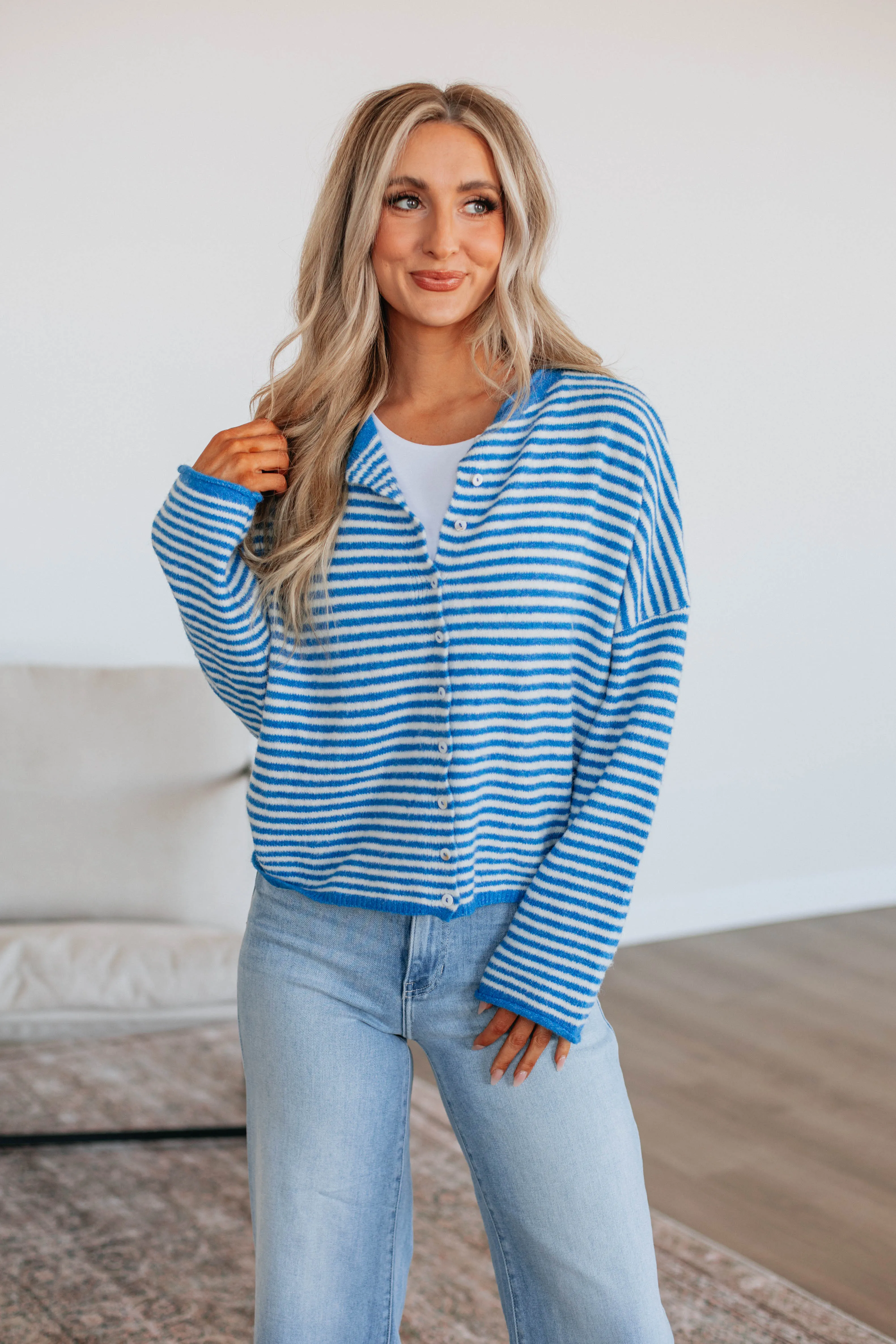 Zoelle Striped Cardigan - Royal Blue Mix,Women Sweater